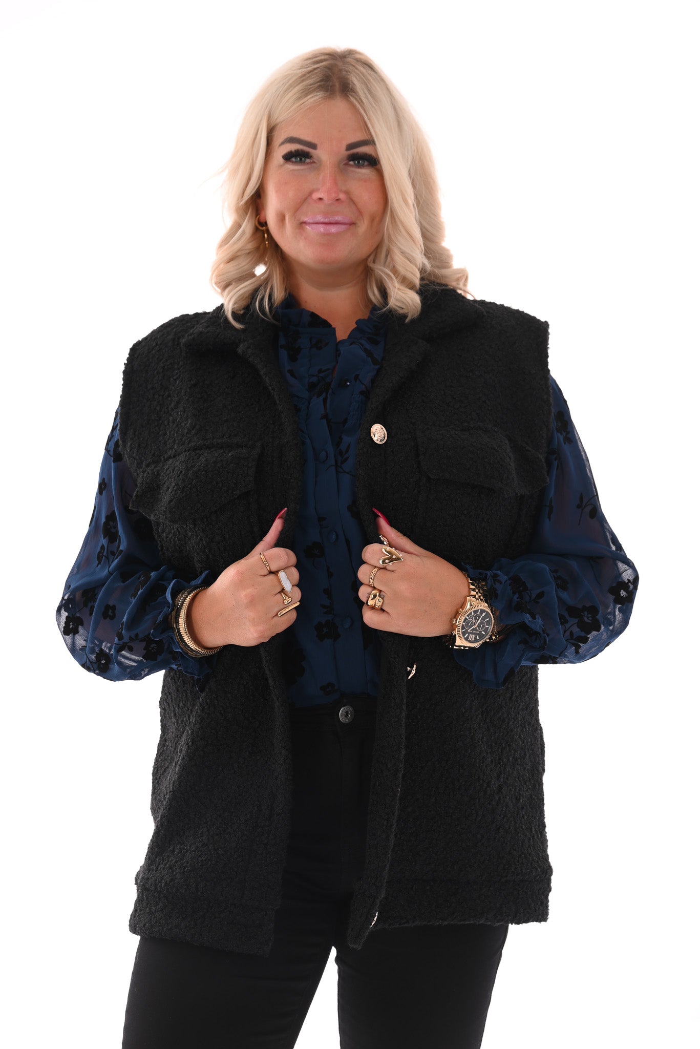 Boucle gilet met knopen en zakken zwart