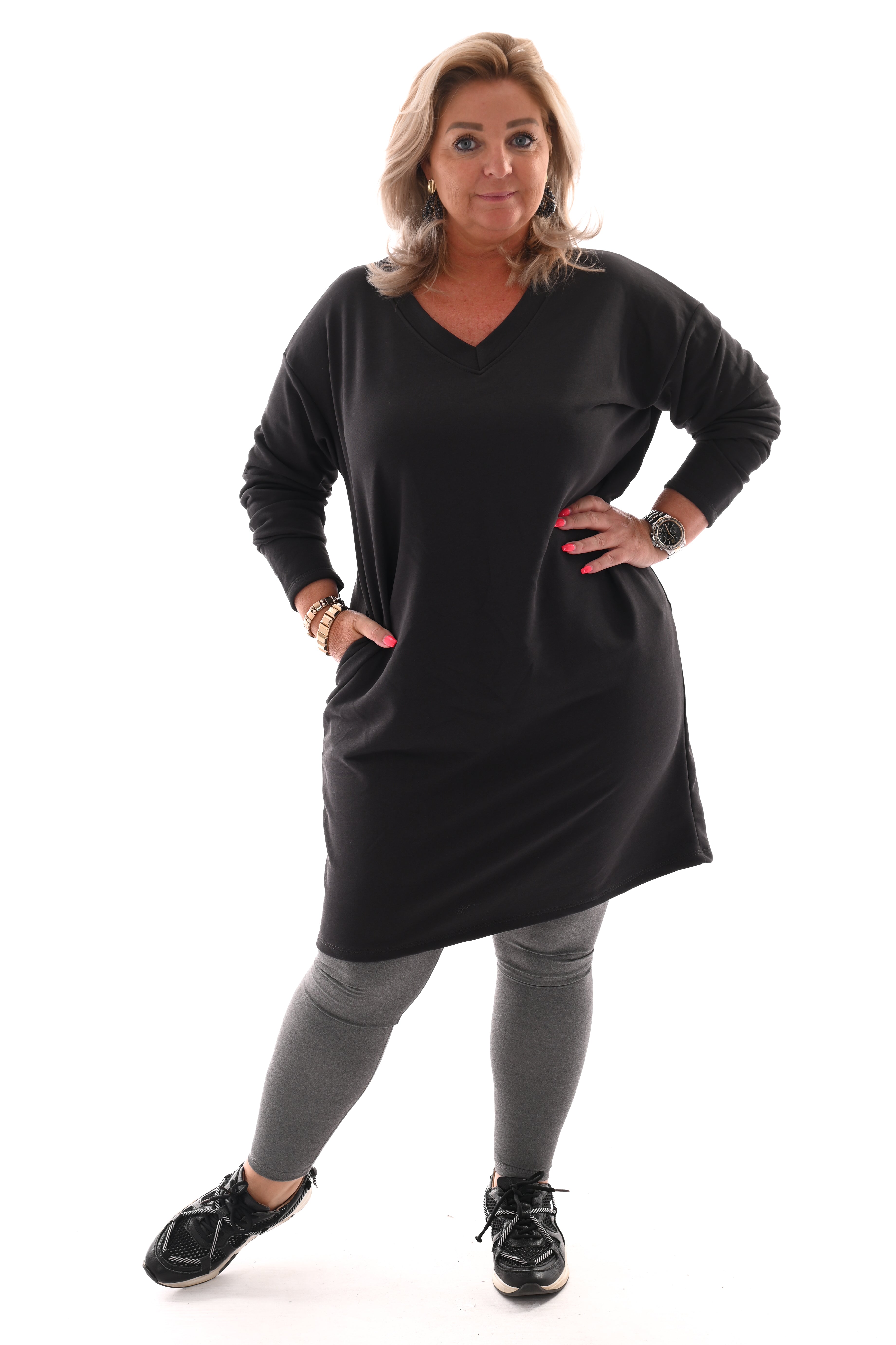 Sweaterdress v-hals uni antraciet