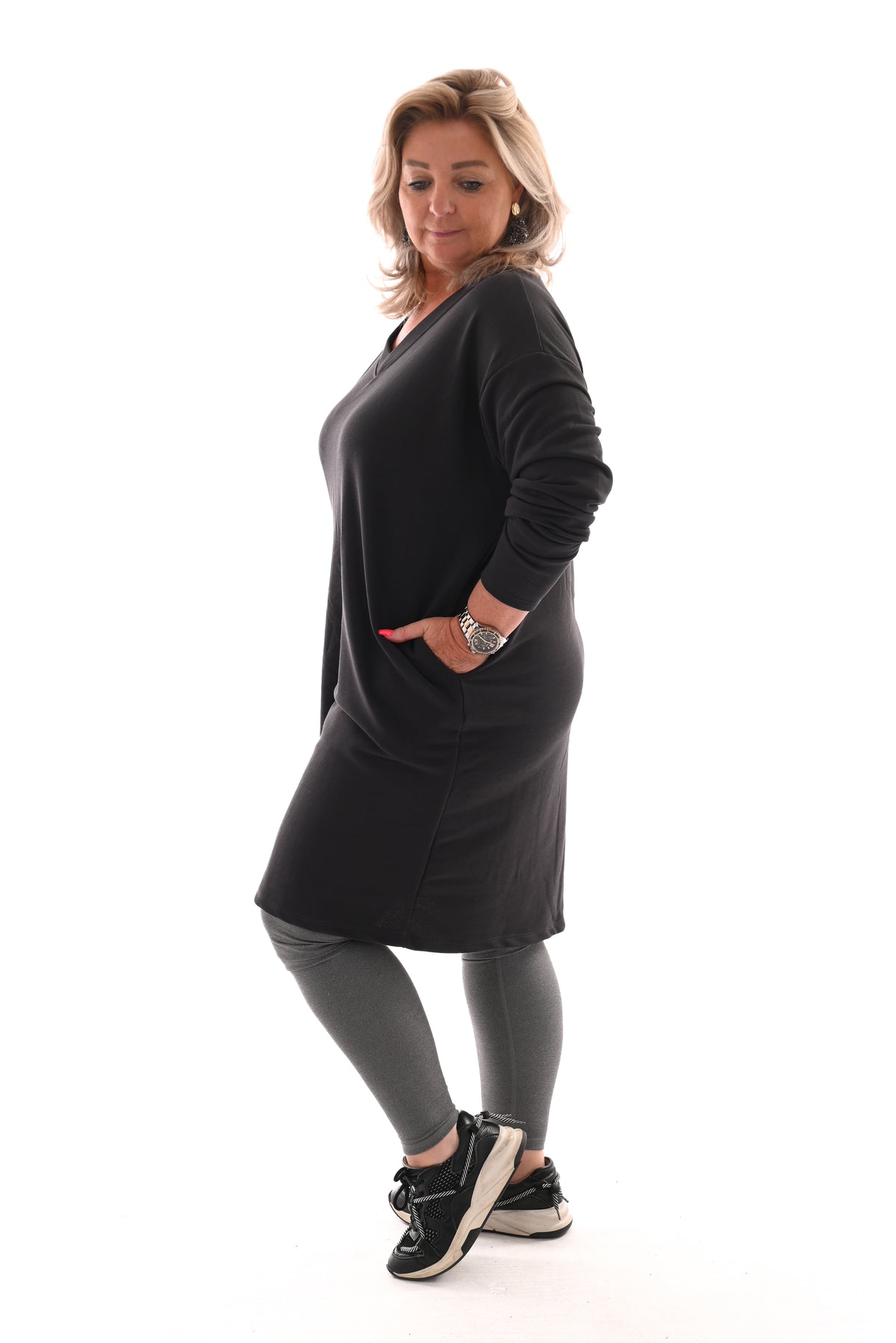 Sweaterdress v-hals uni antraciet