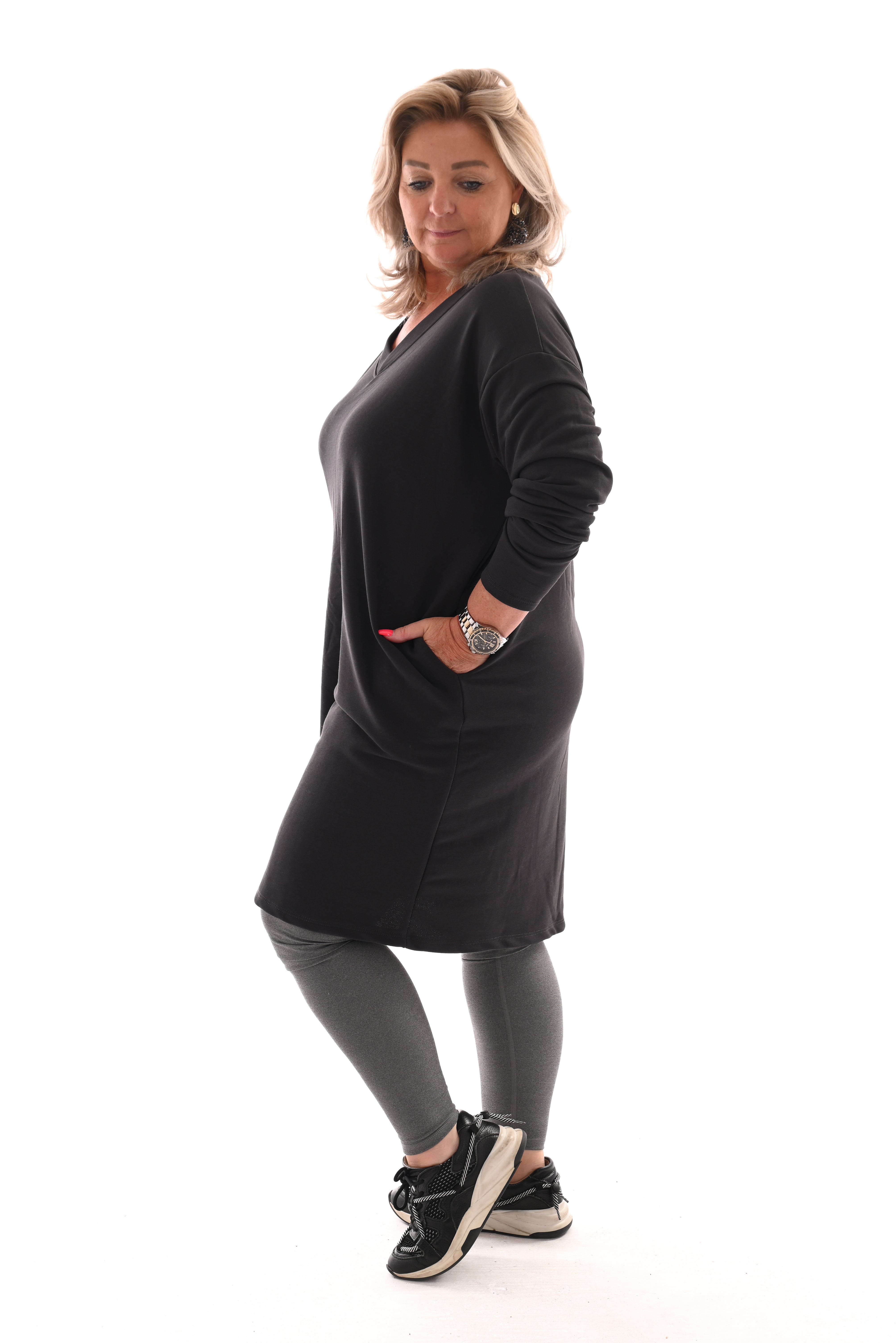 Sweaterdress v-hals uni antraciet