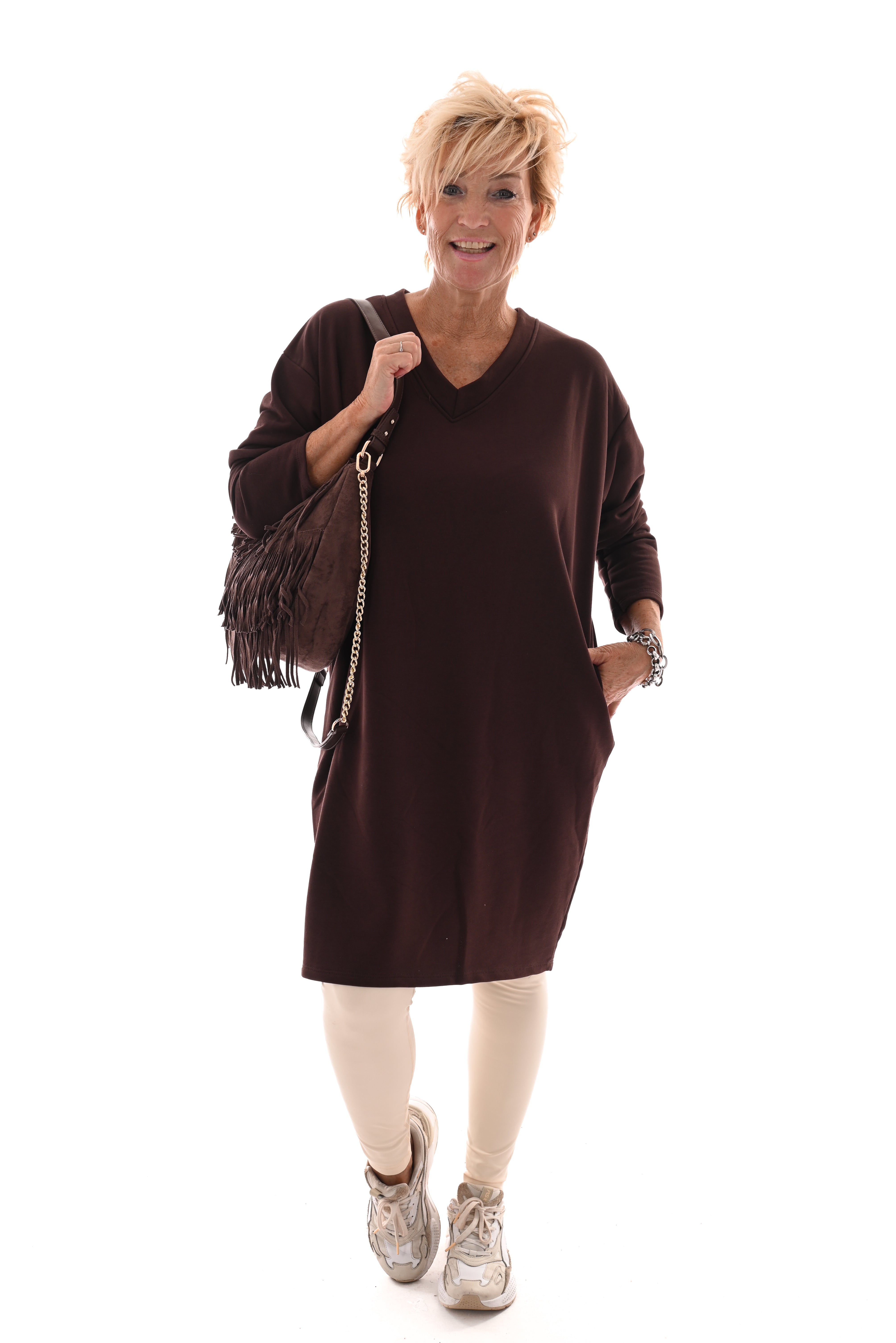 Sweaterdress v-hals uni donkerbruin
