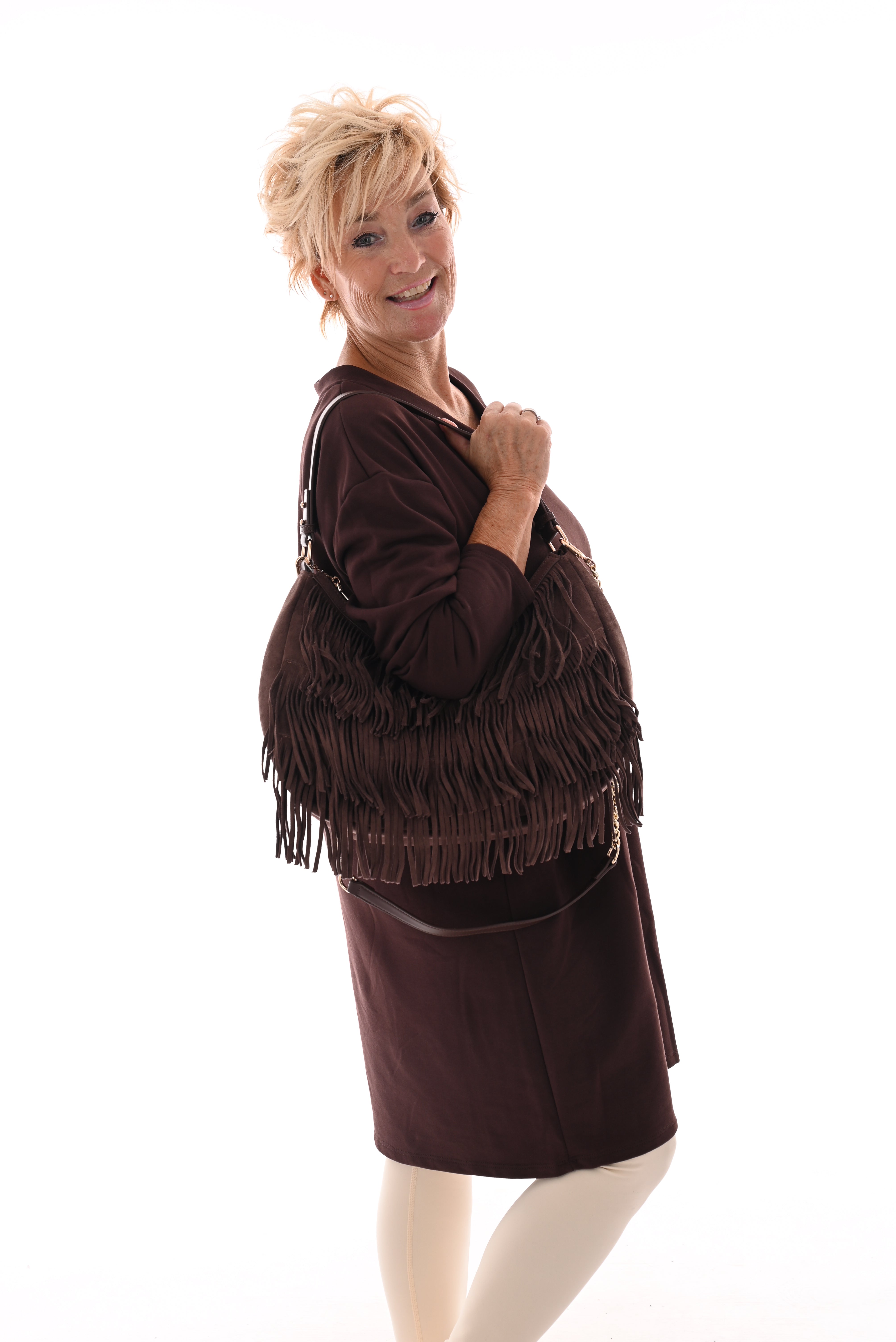 Sweaterdress v-hals uni donkerbruin