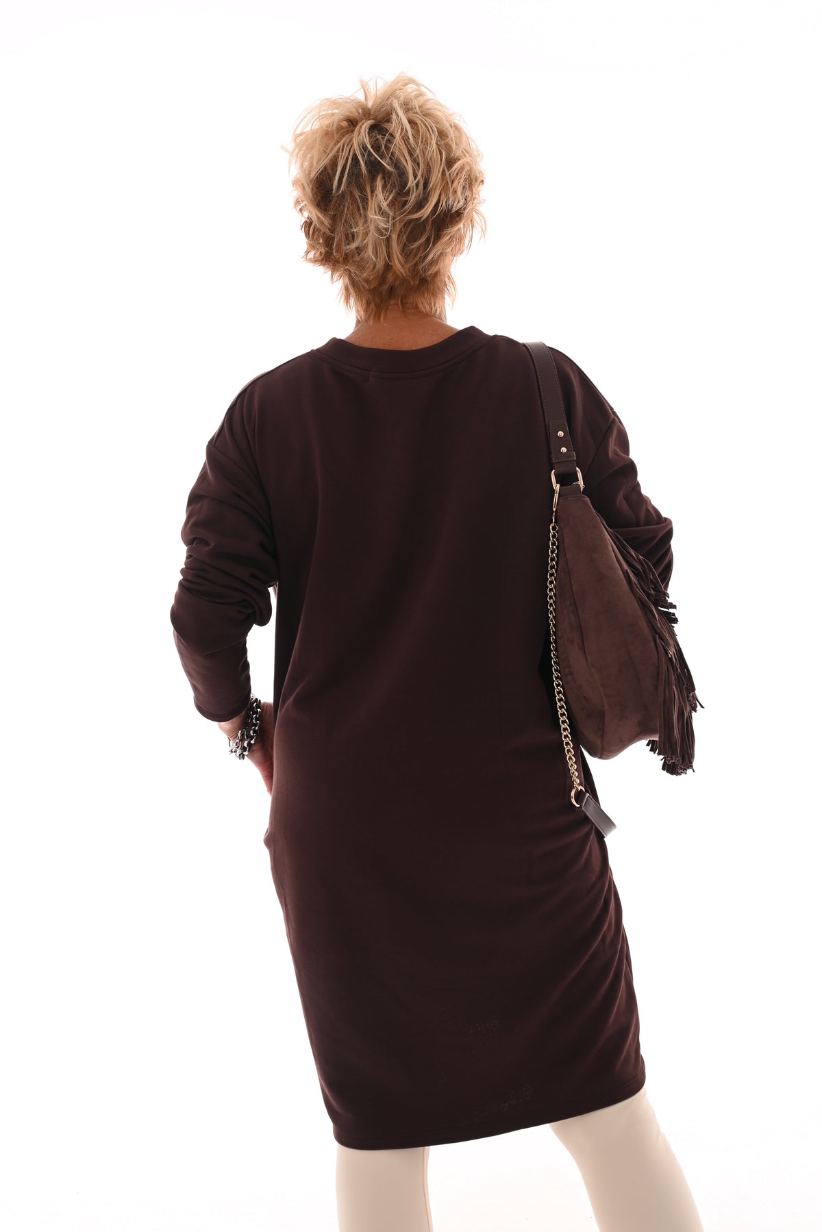 Sweaterdress v-hals uni donkerbruin