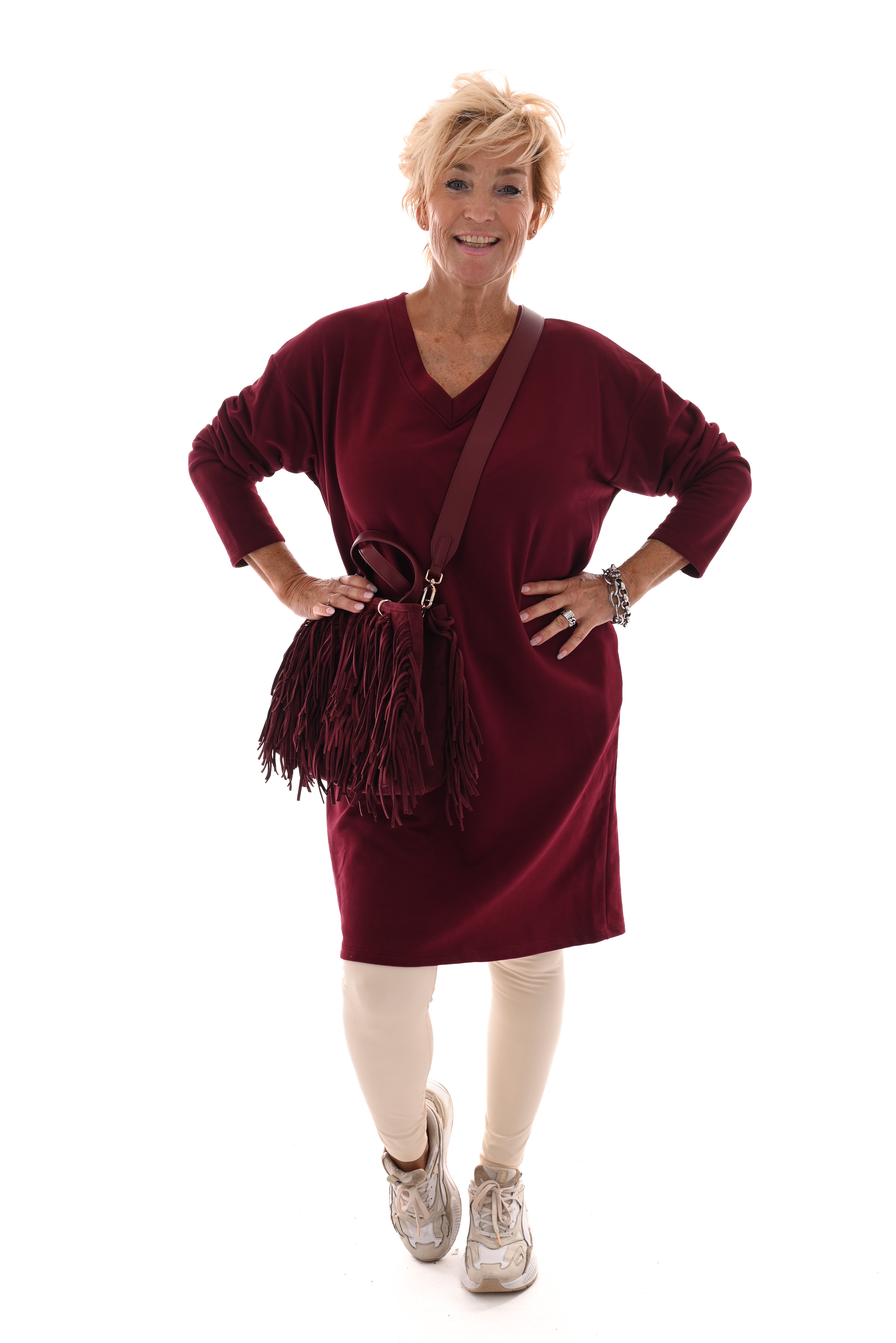 Sweaterdress v-hals uni bordeaux