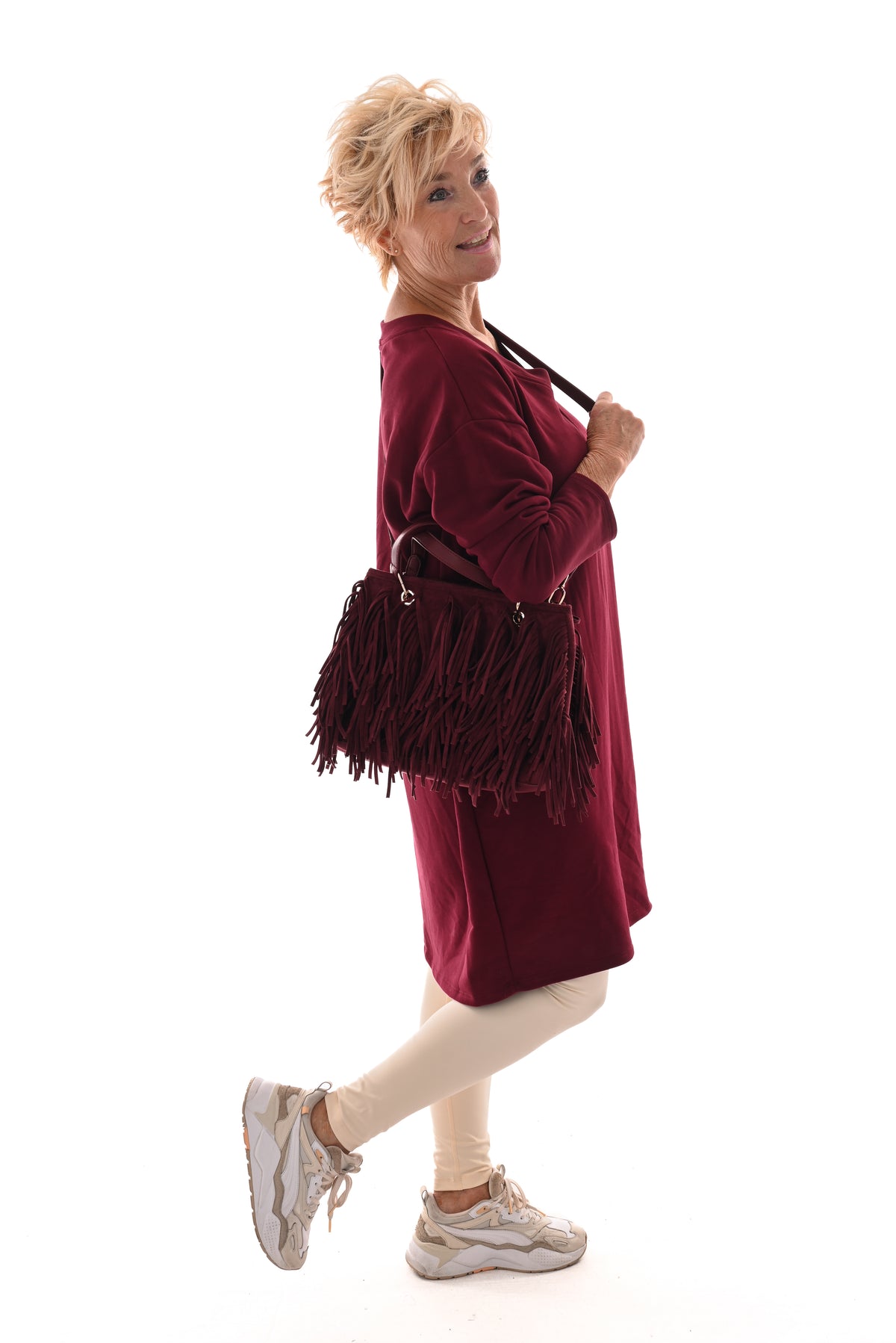 Sweaterdress v-hals uni bordeaux