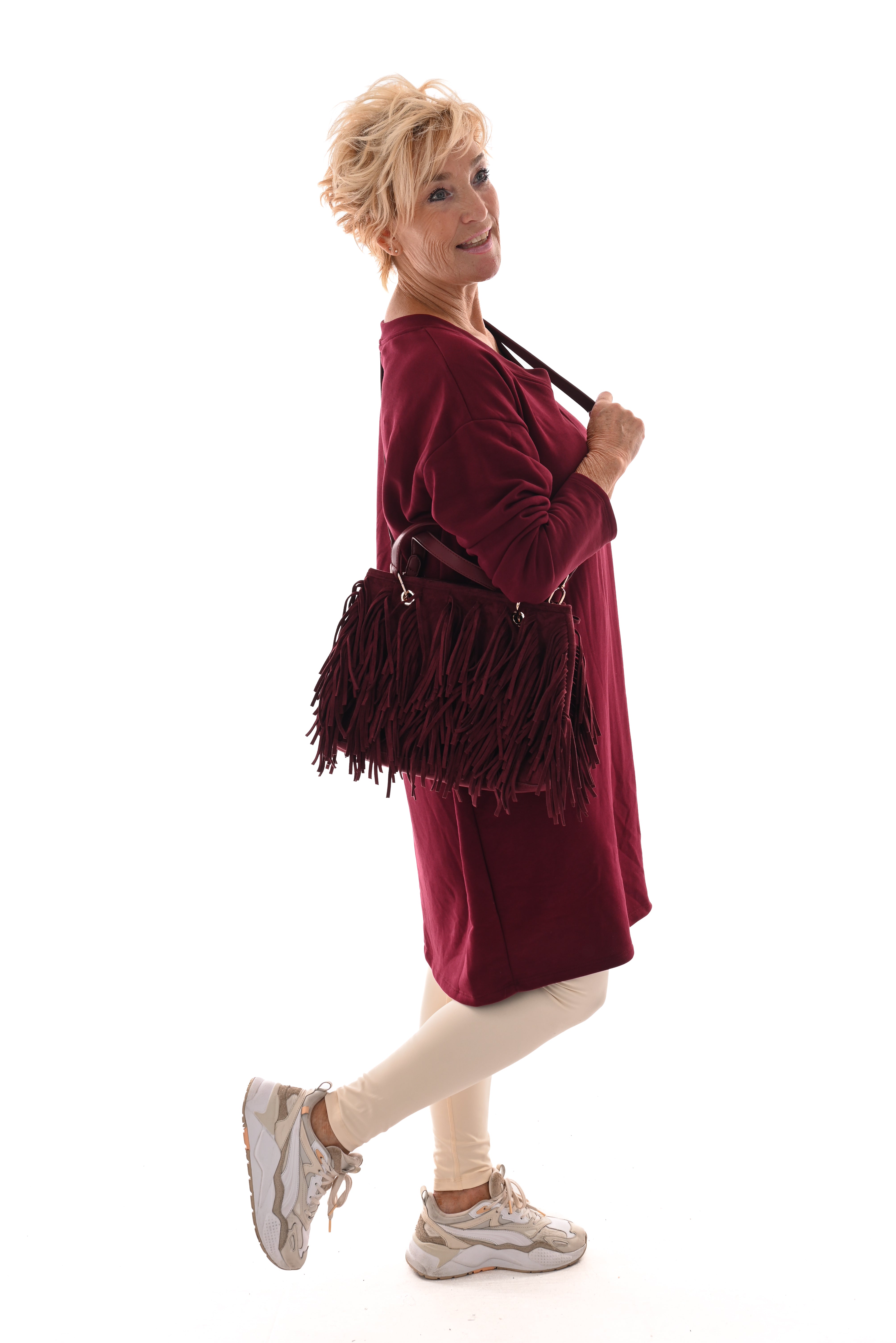 Sweaterdress v-hals uni bordeaux