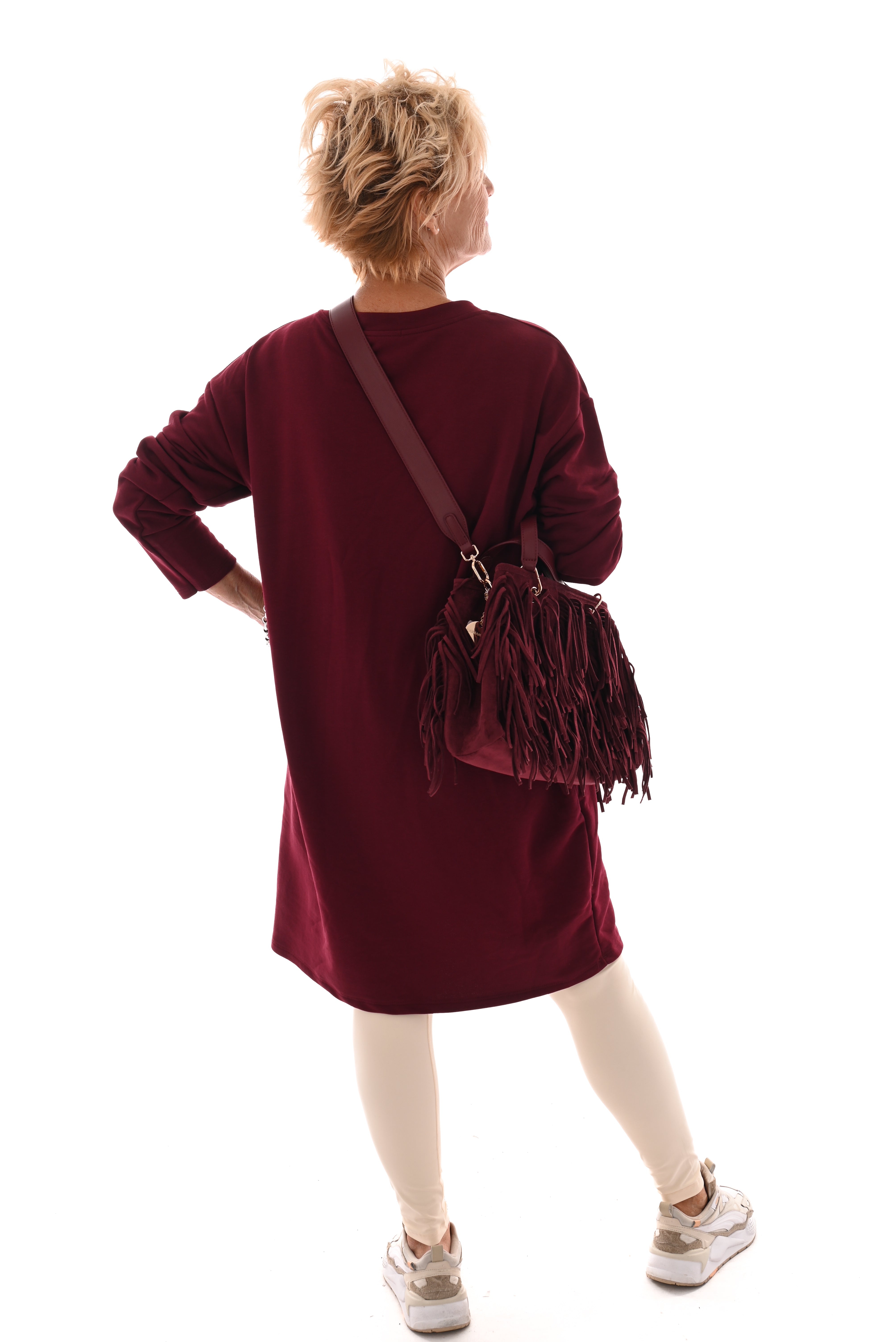 Sweaterdress v-hals uni bordeaux