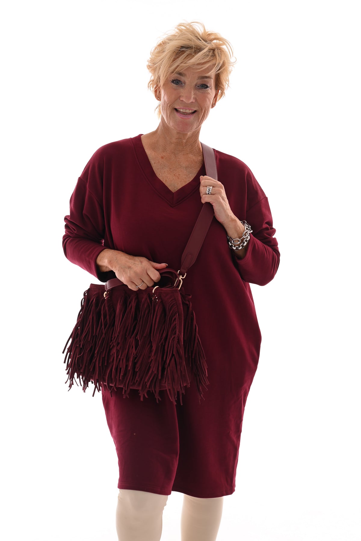 Sweaterdress v-hals uni bordeaux