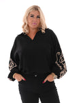 Blouse v-hals borduur op de mouwen zwart