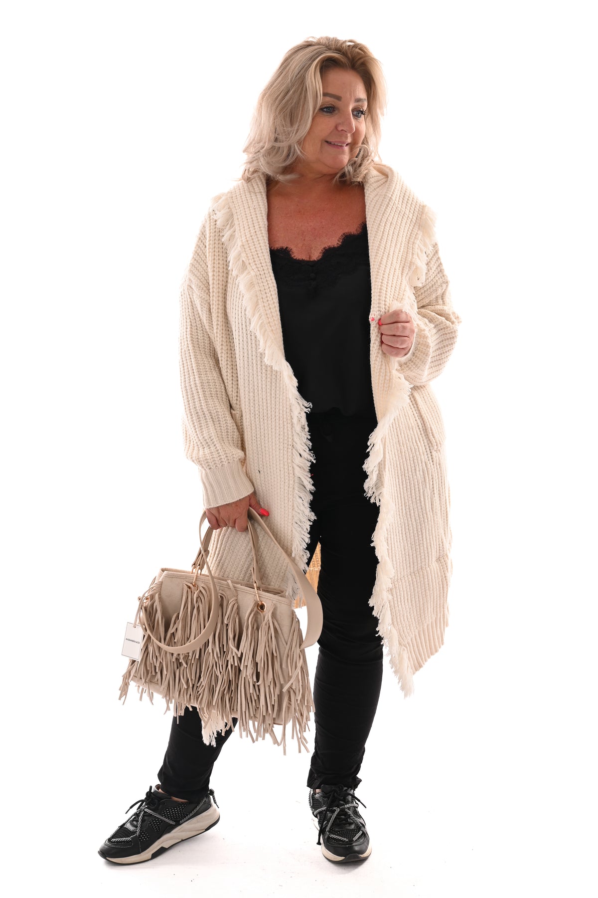 Grof gebreid vest franjes roomwit