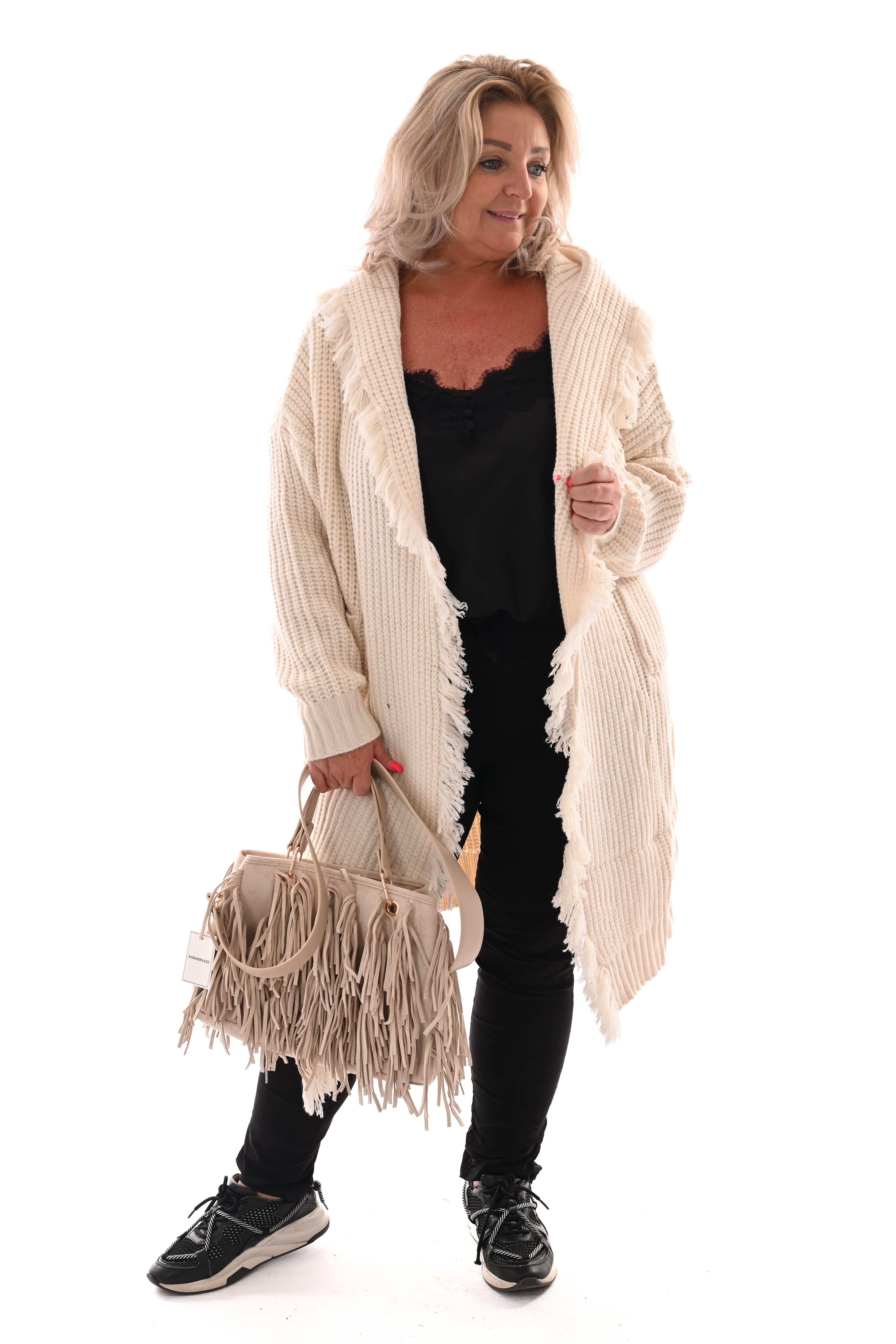 Grof gebreid vest franjes roomwit