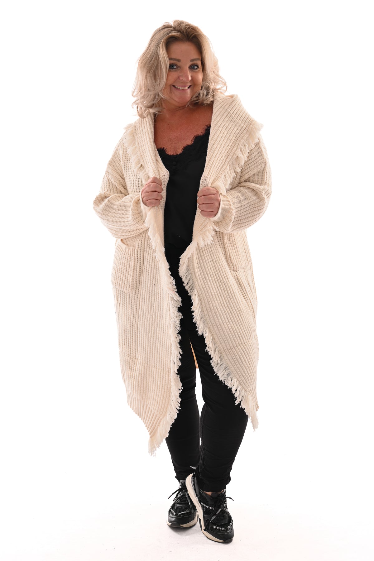 Grof gebreid vest franjes roomwit