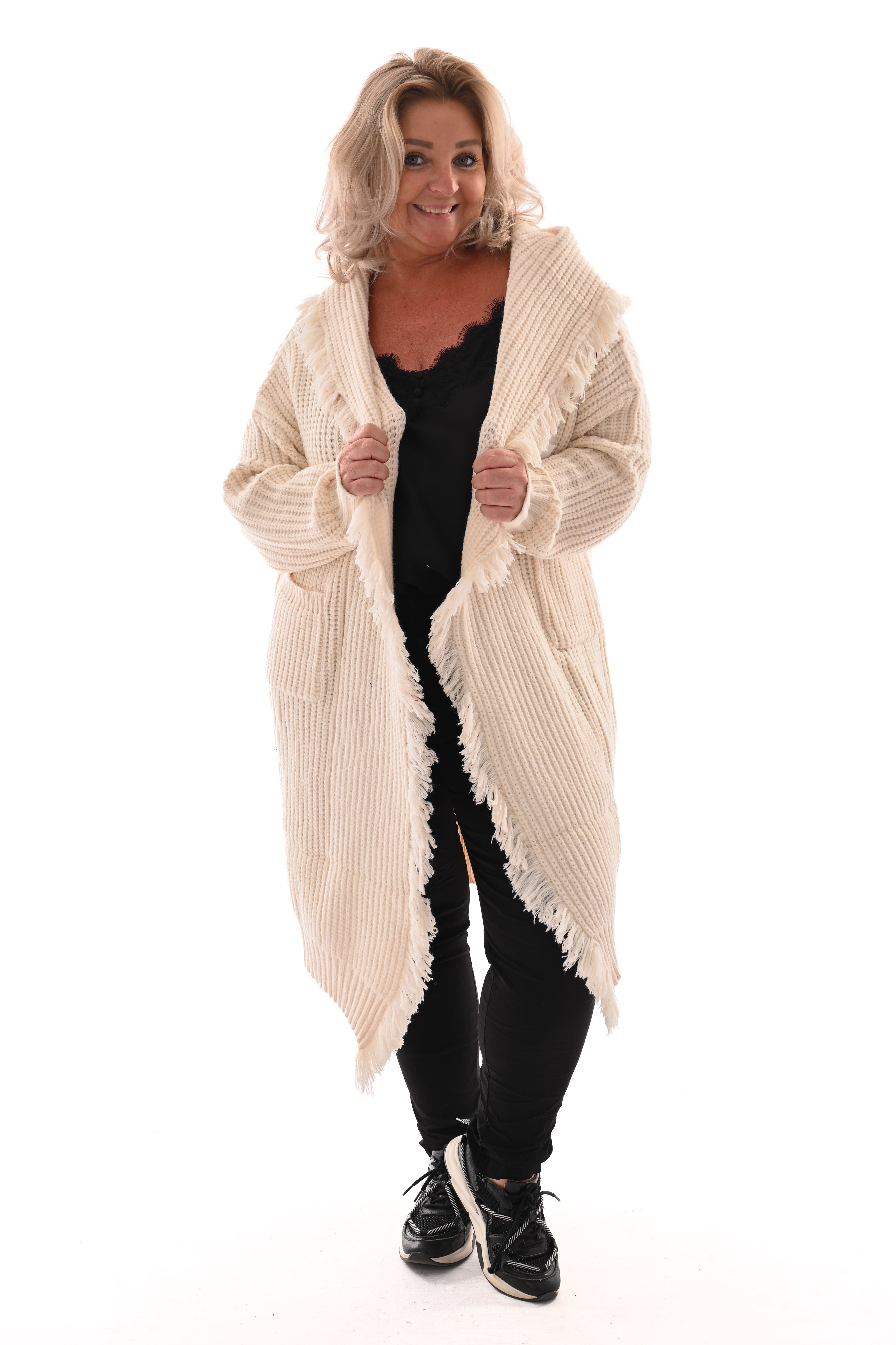 Grof gebreid vest franjes roomwit