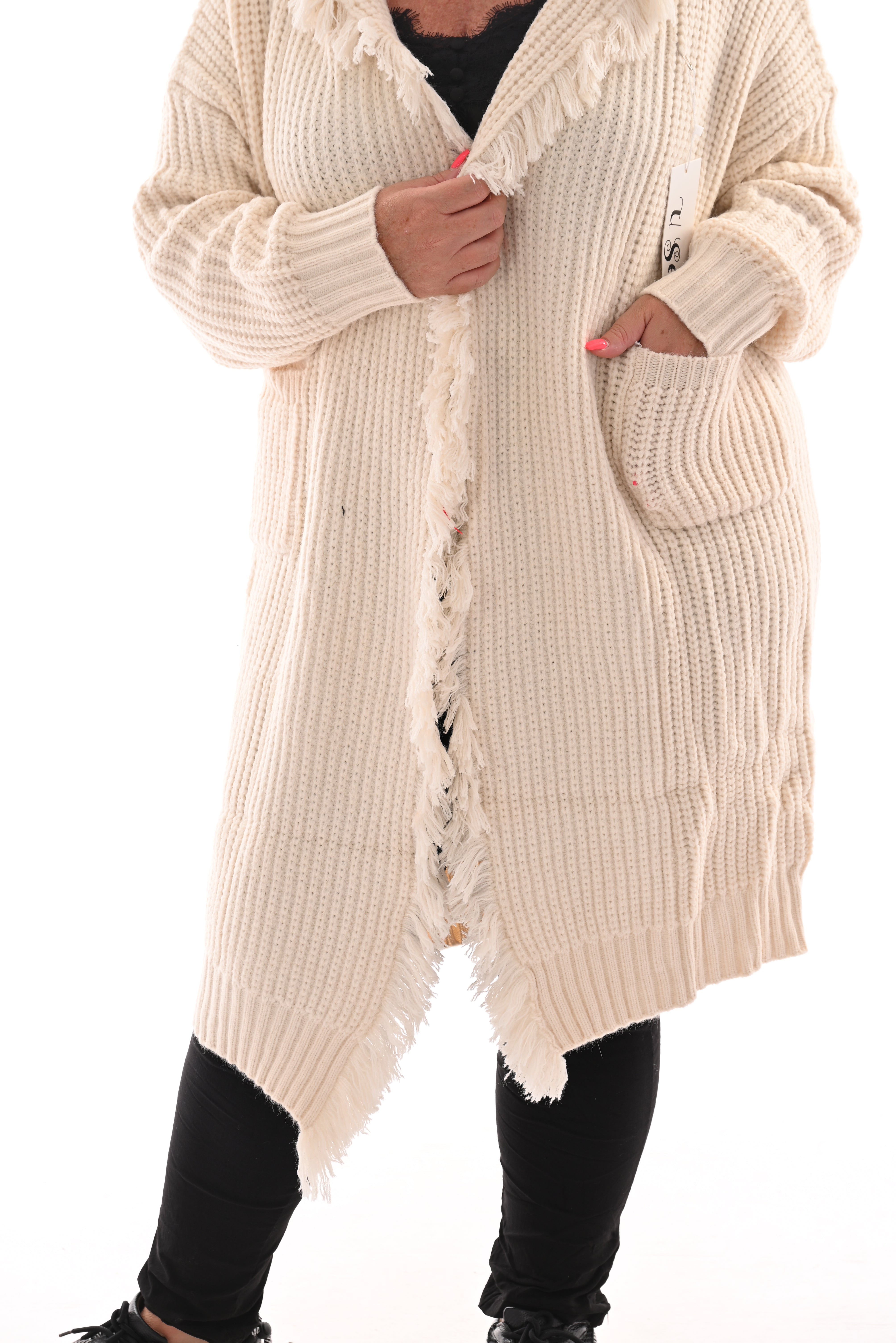 Grof gebreid vest franjes roomwit