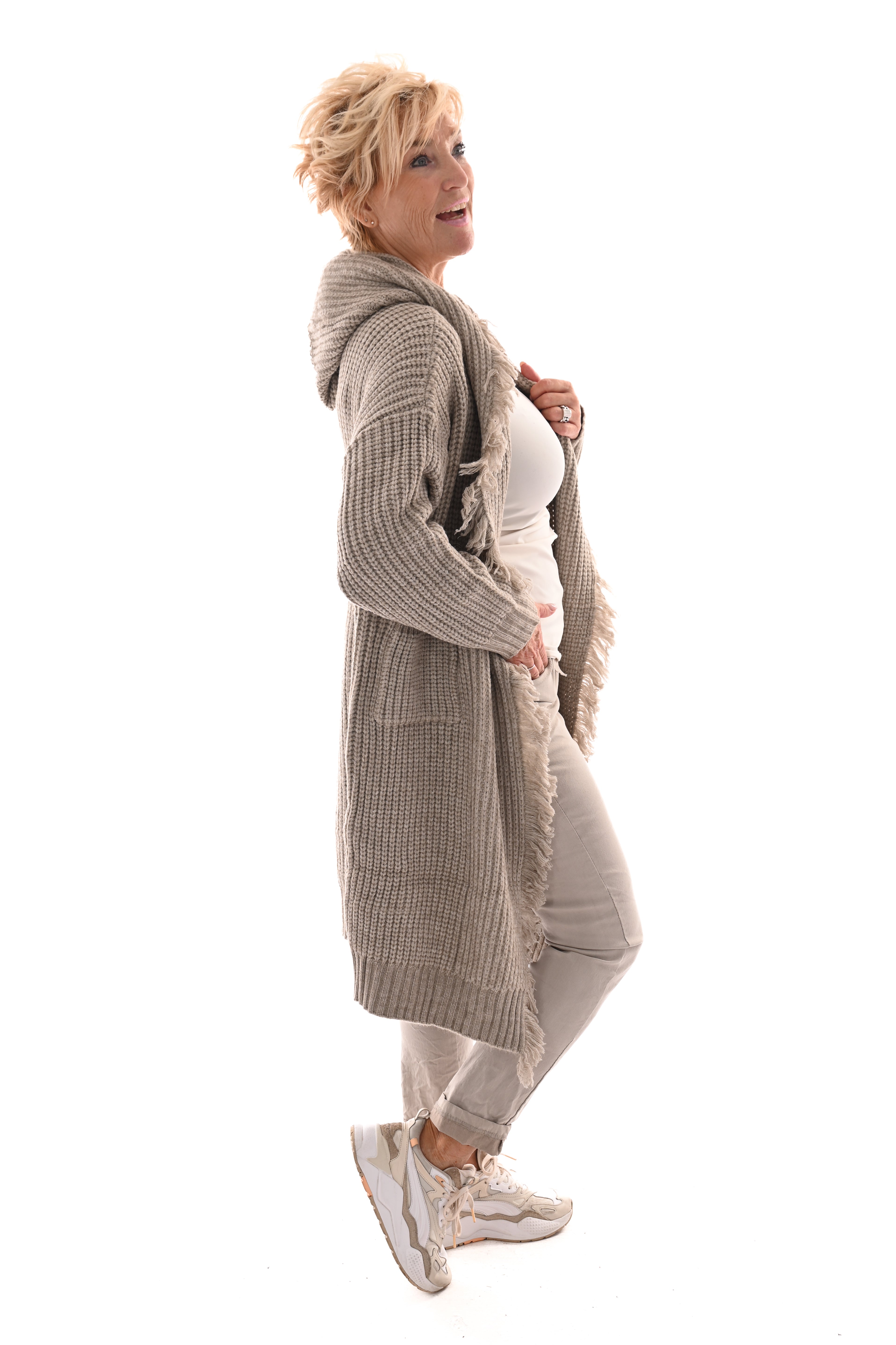 Grof gebreid vest franjes taupe