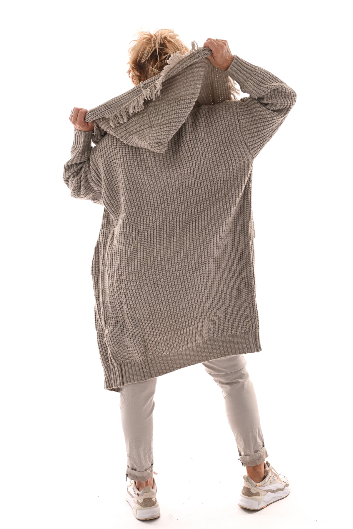 Grof gebreid vest franjes taupe