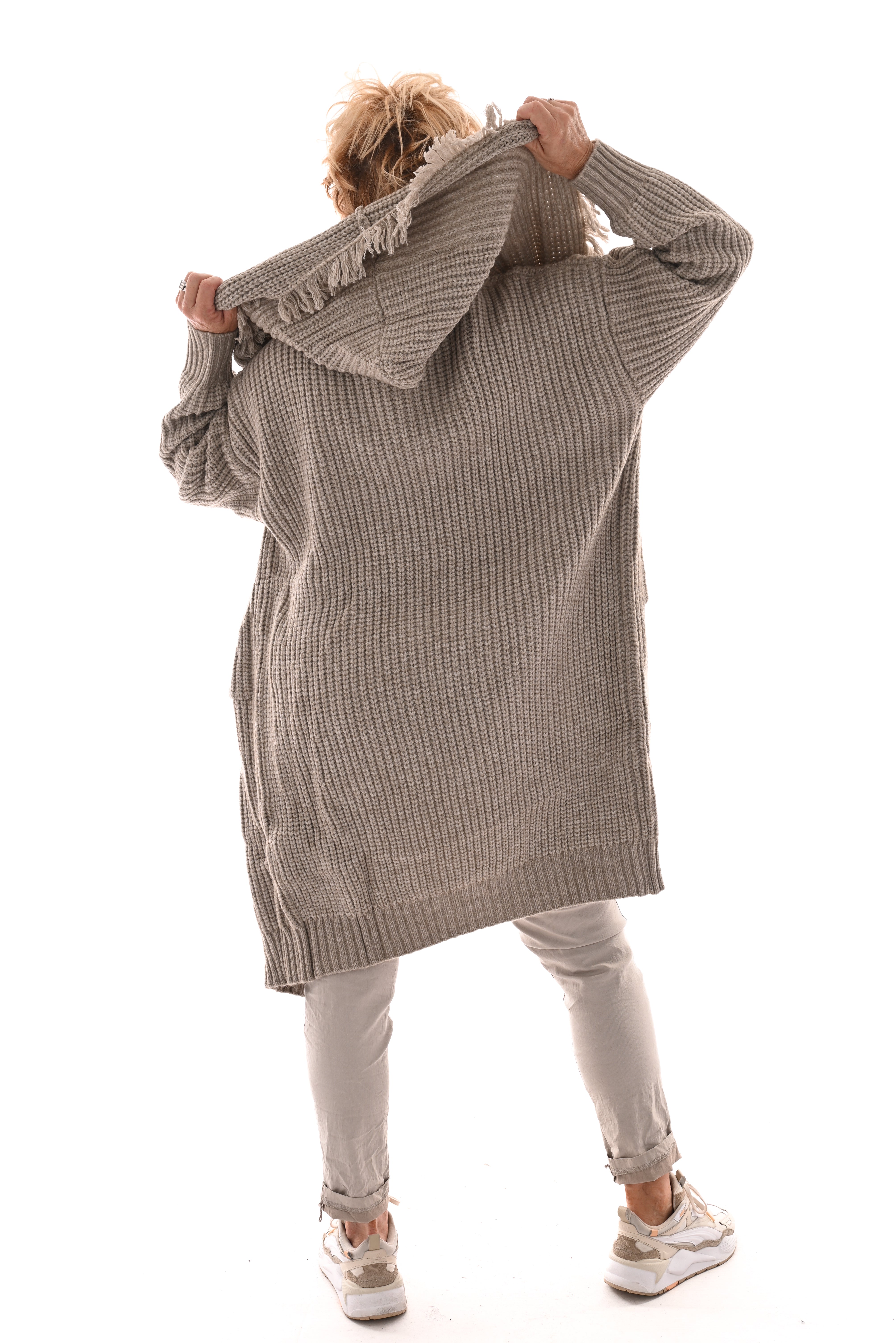Grof gebreid vest franjes taupe
