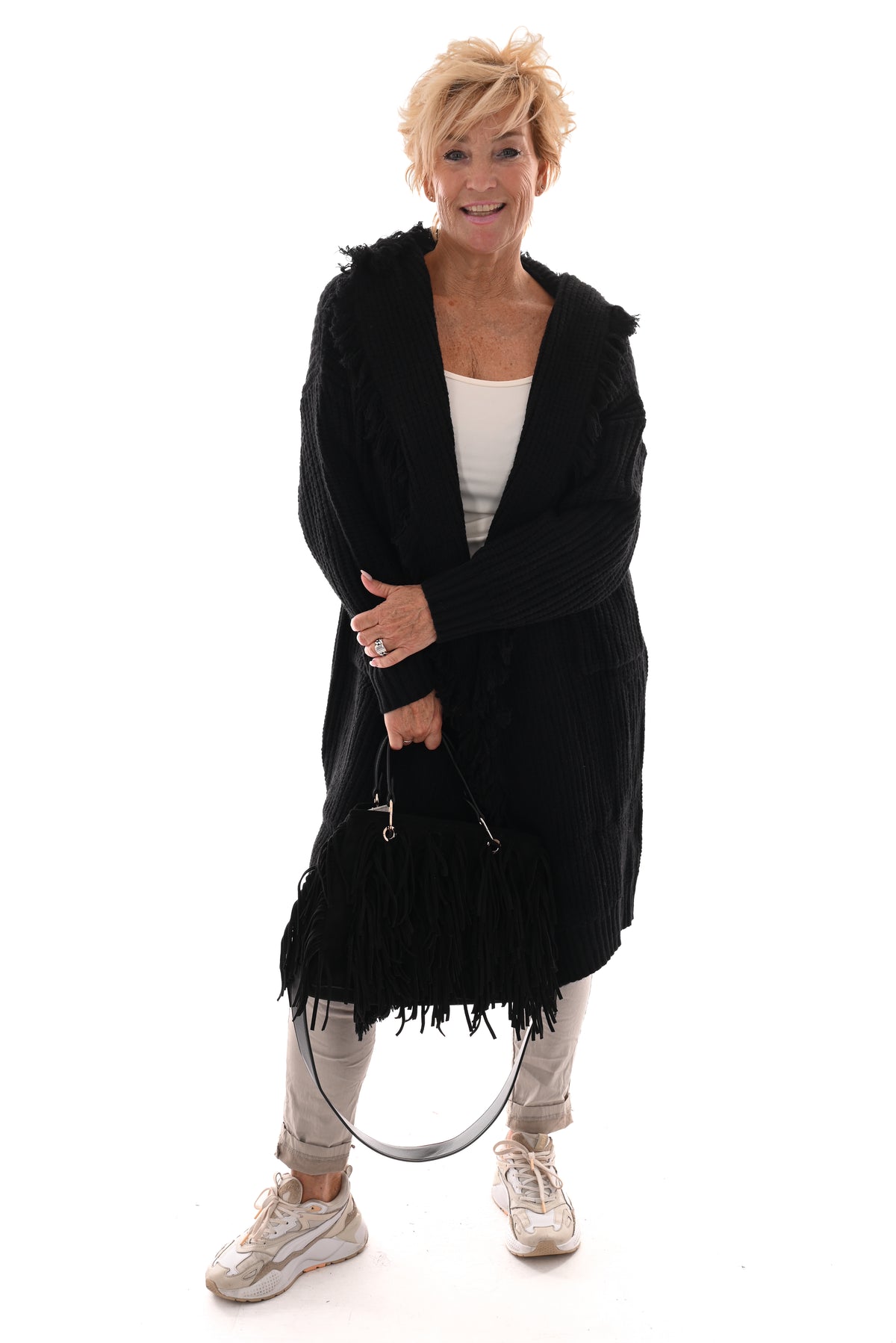 Grof gebreid vest franjes zwart