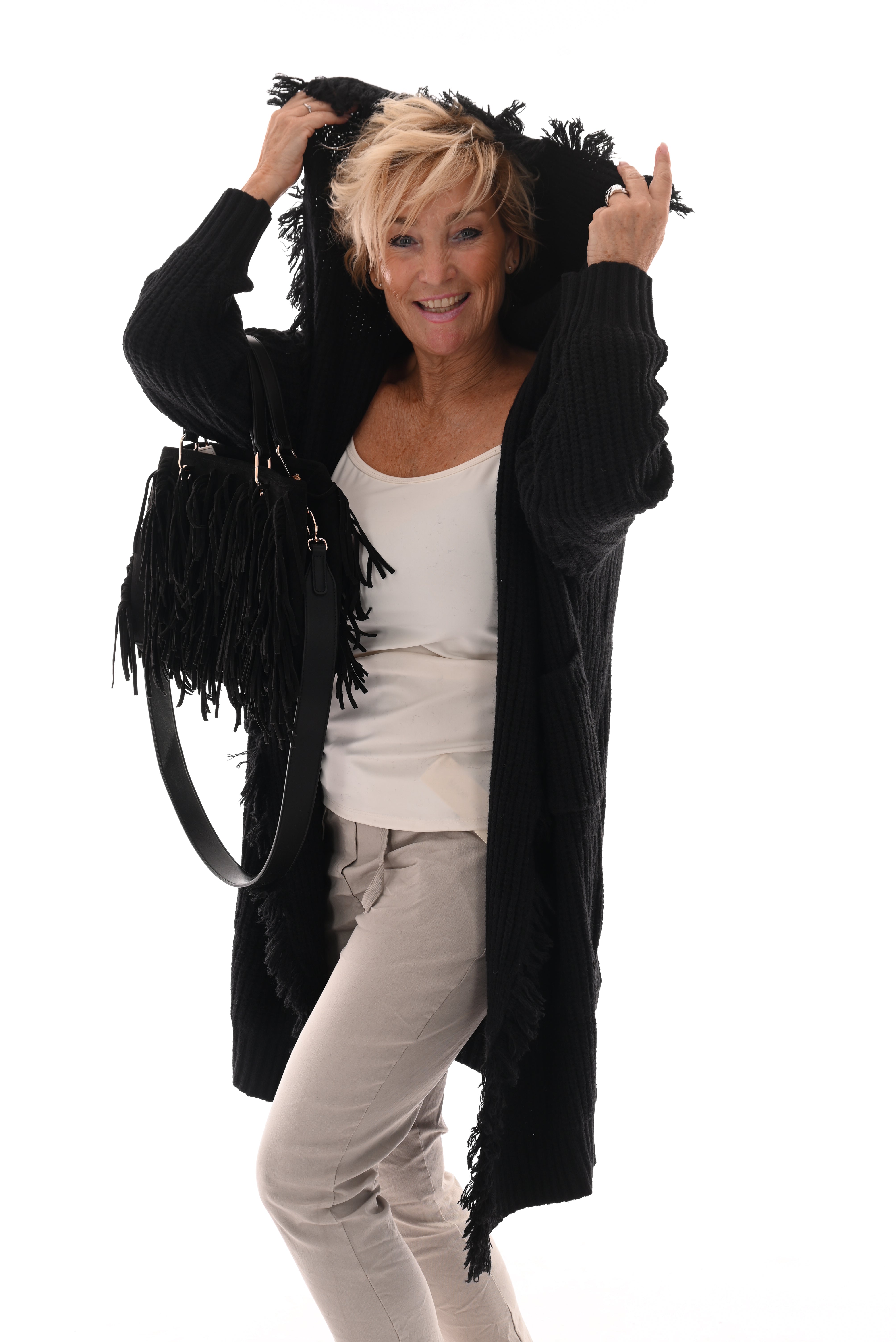 Grof gebreid vest franjes zwart