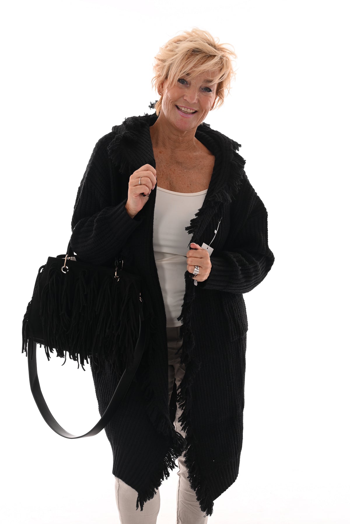 Grof gebreid vest franjes zwart