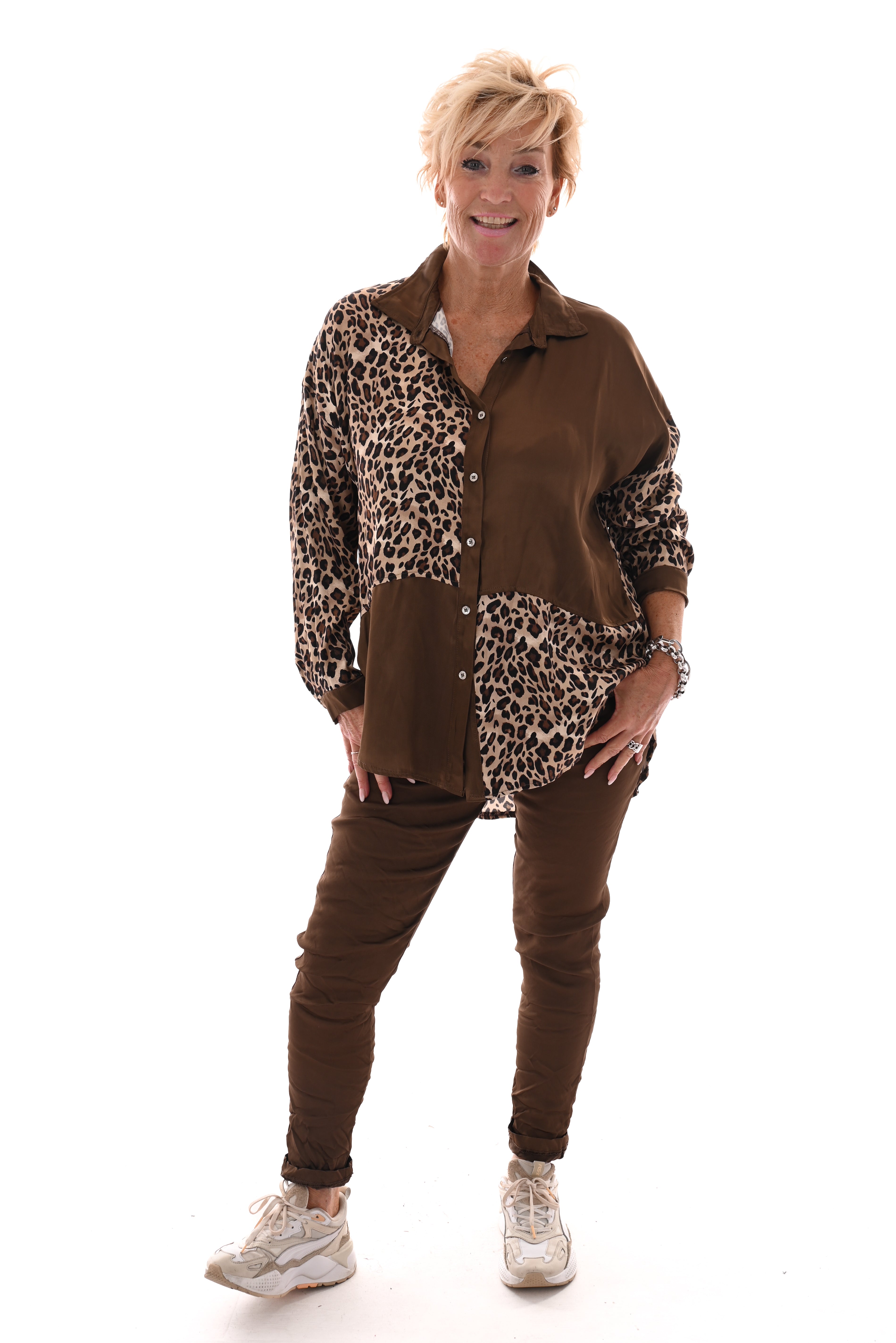Silky blouse met vakken panter/bruin