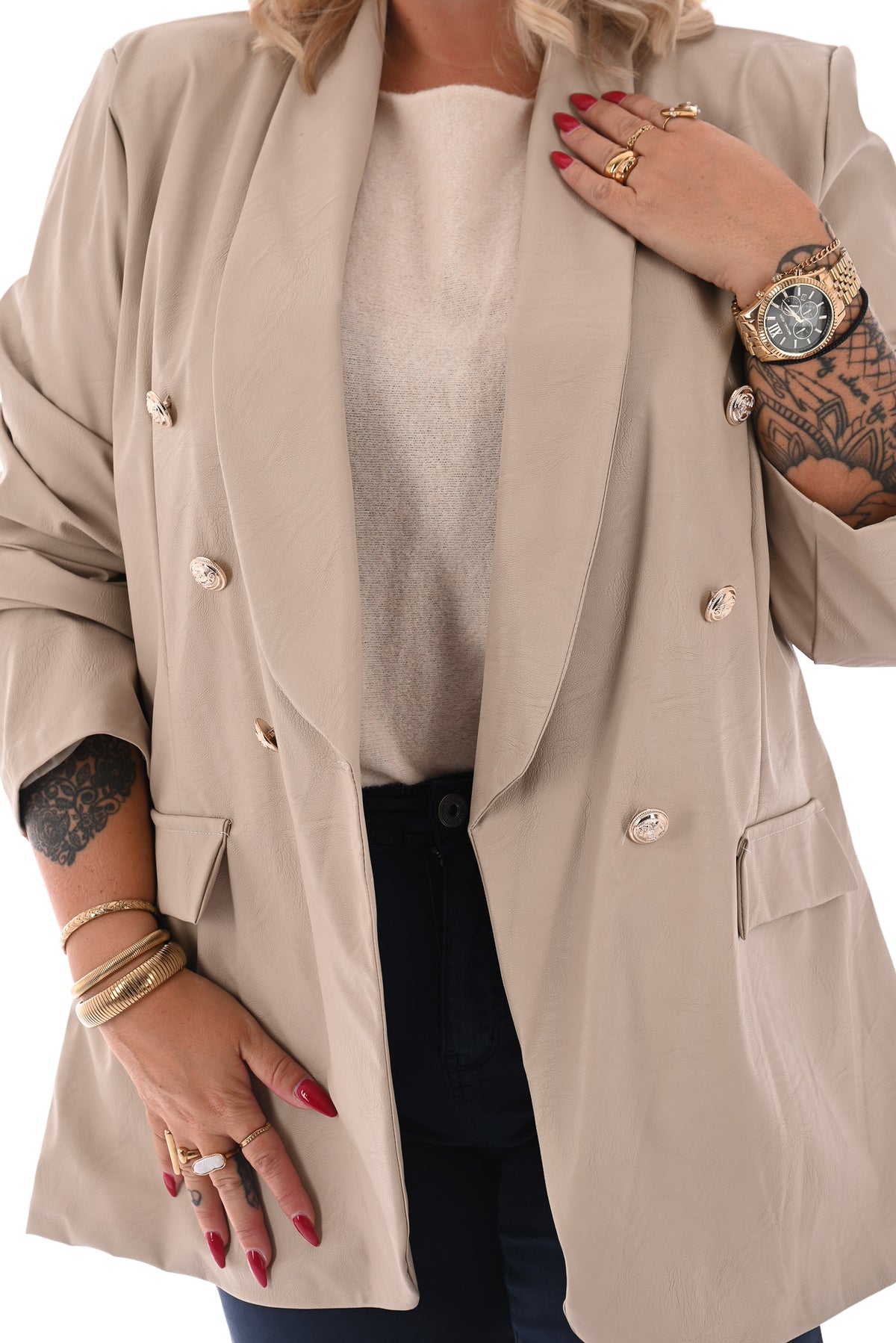 Leatherlook blazer met knopen beige