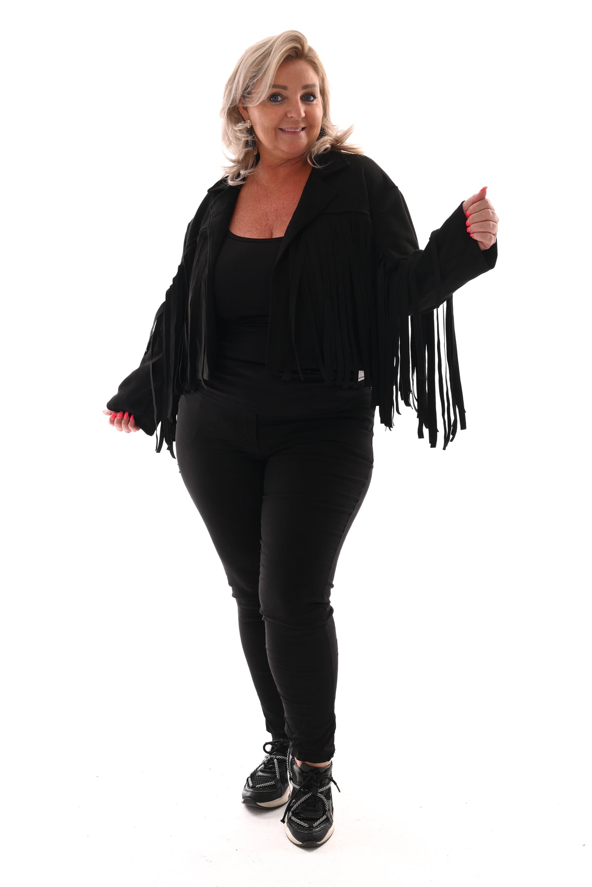 Korte suedinelook vestje franjes zwart