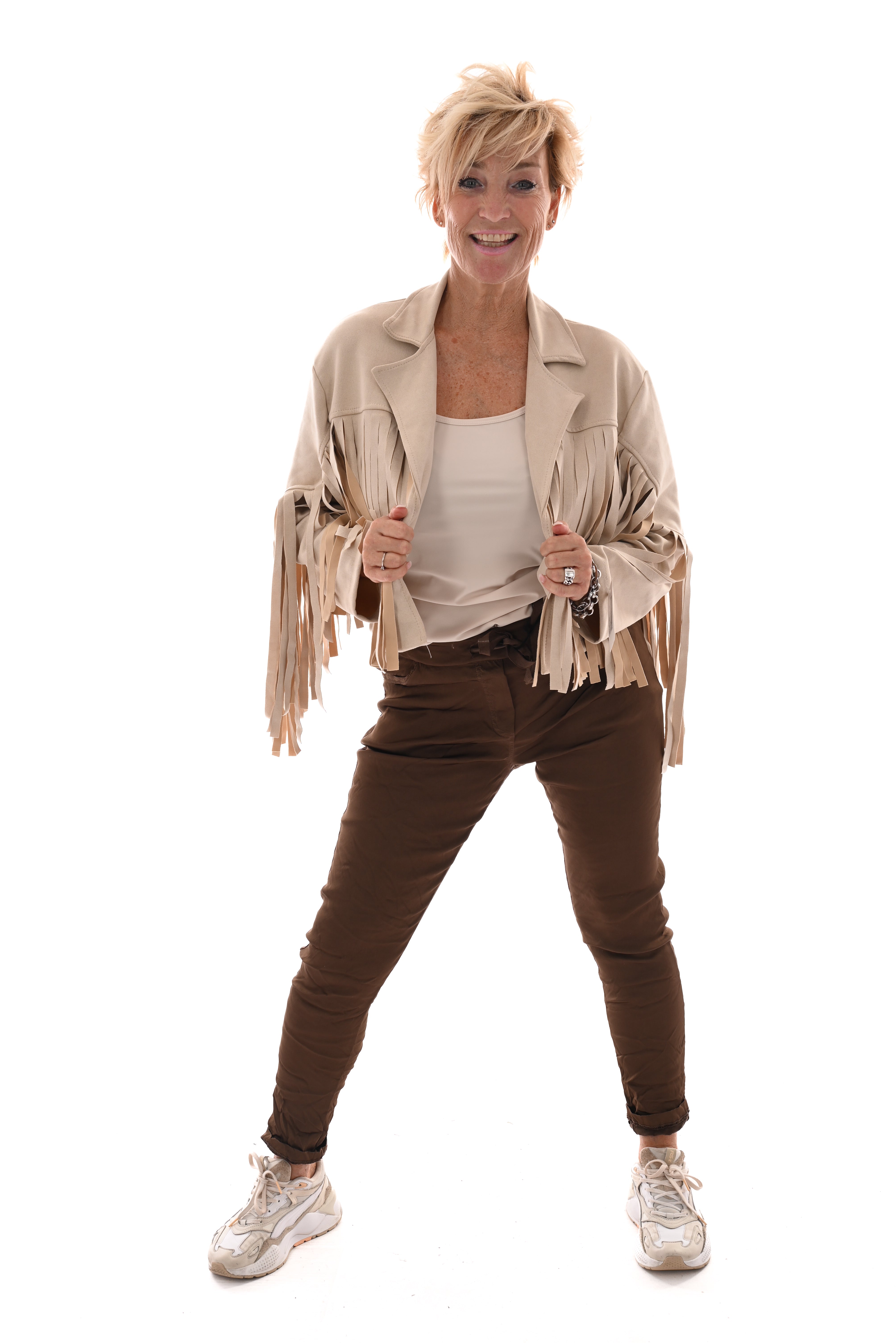 Korte suedinelook vestje franjes beige