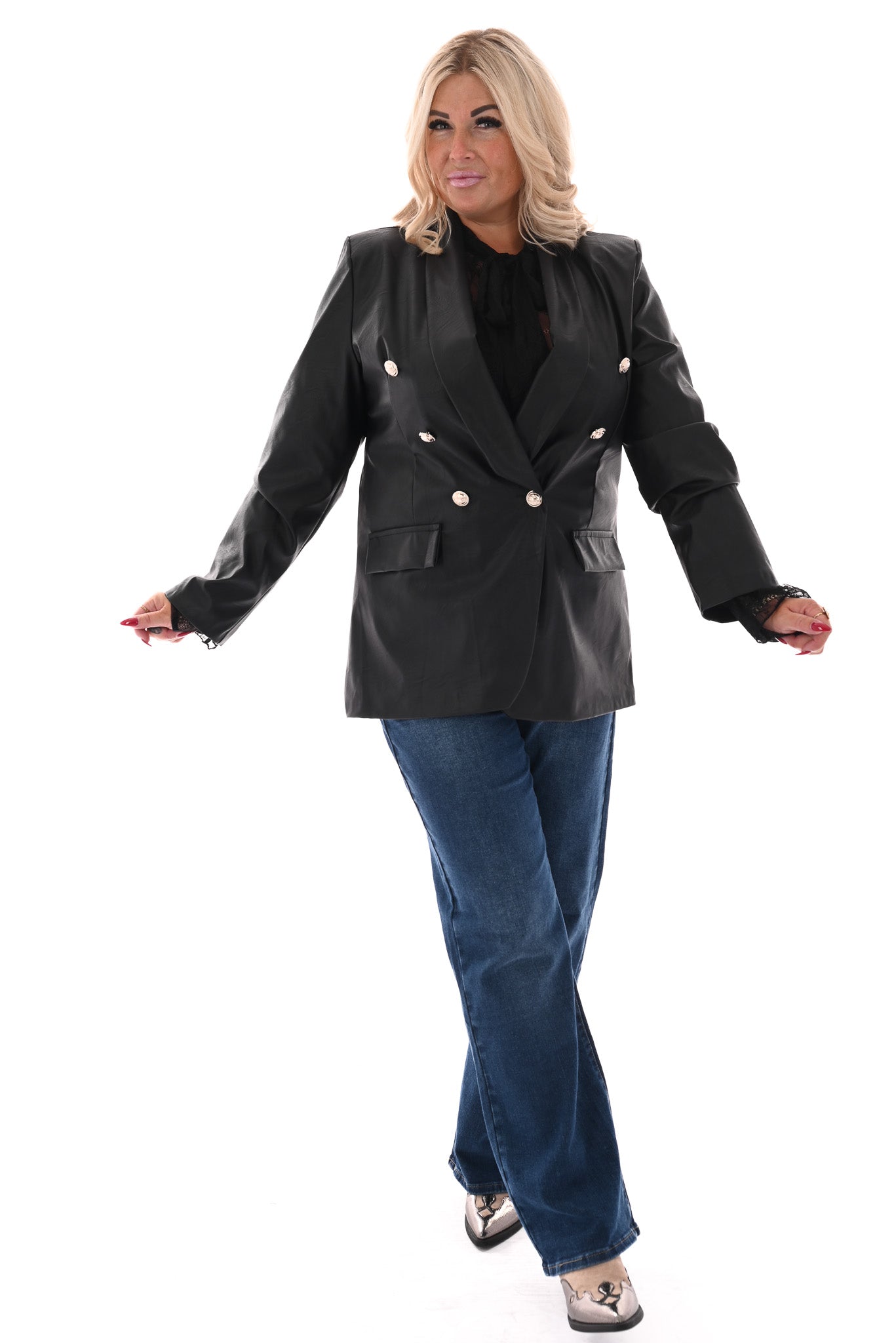 Leatherlook blazer met knopen zwart