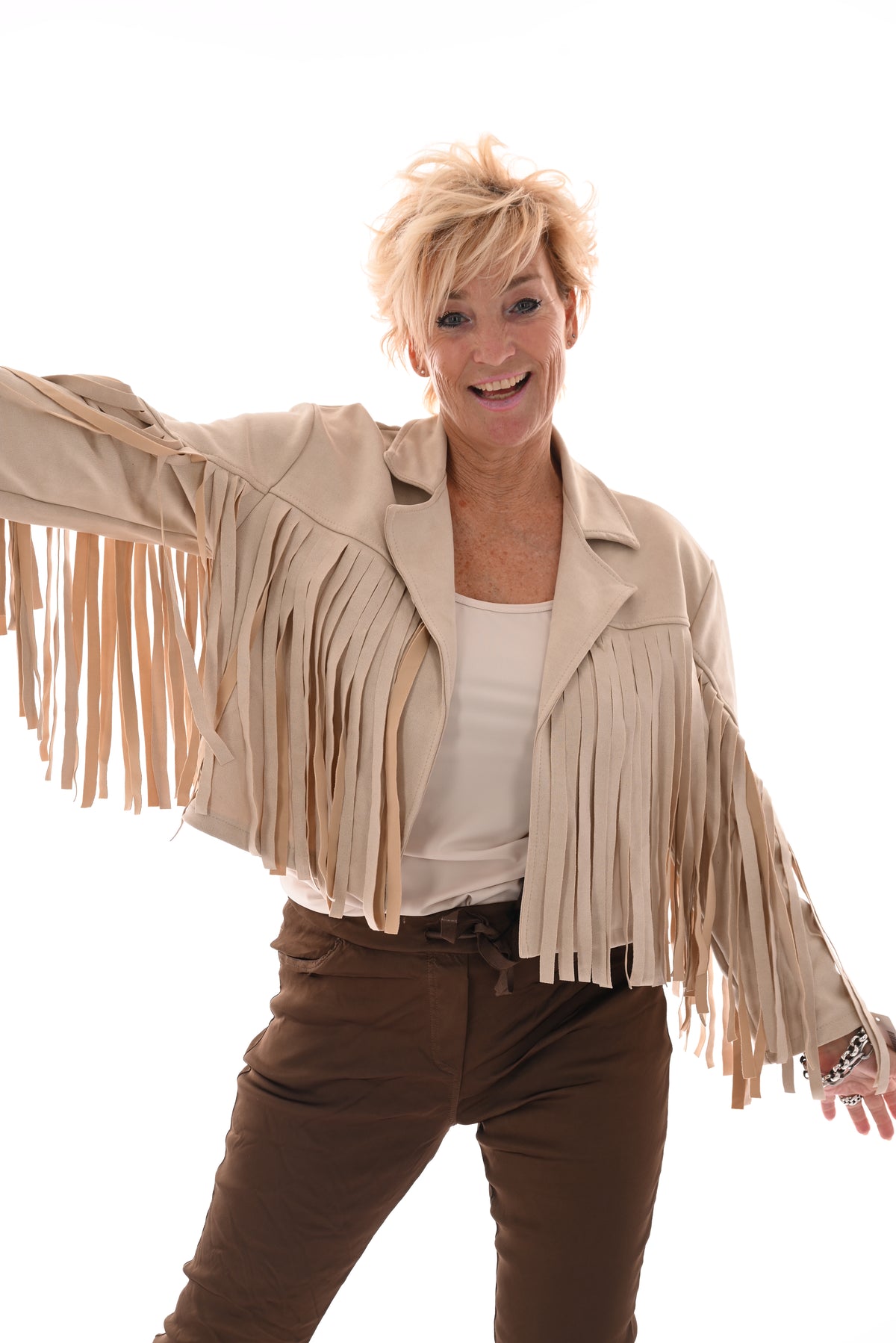 Korte suedinelook vestje franjes beige