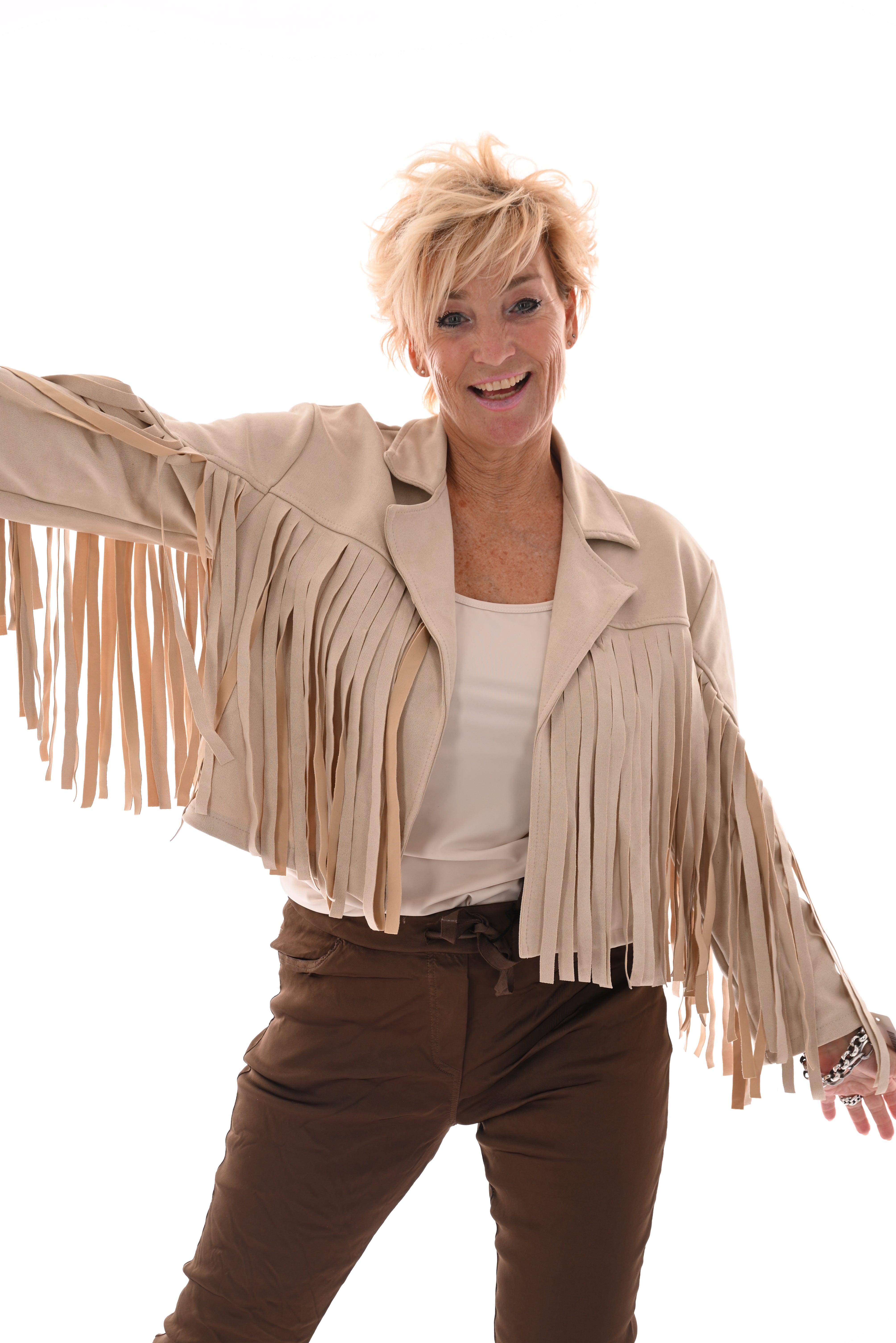 Korte suedinelook vestje franjes beige