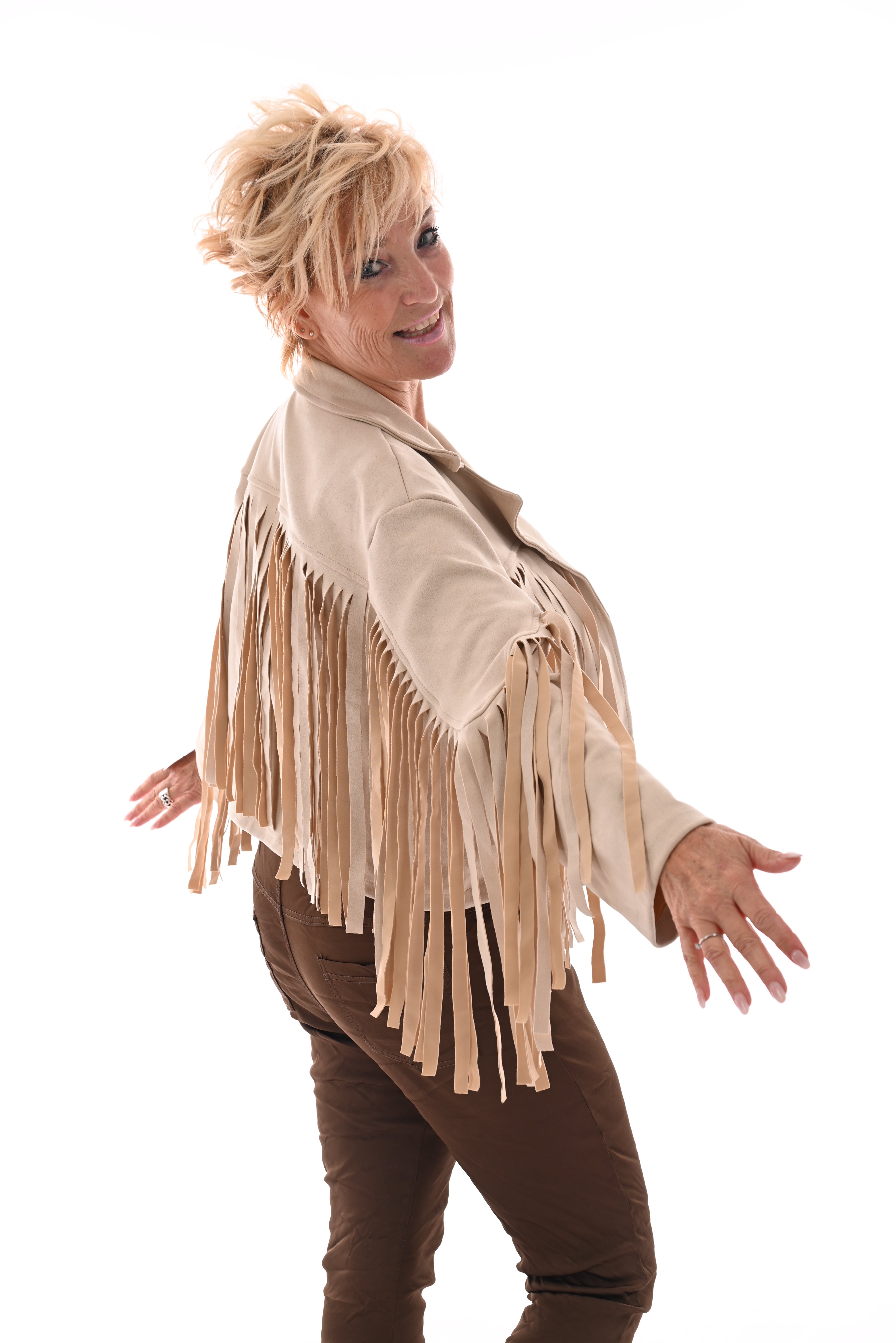 Korte suedinelook vestje franjes beige