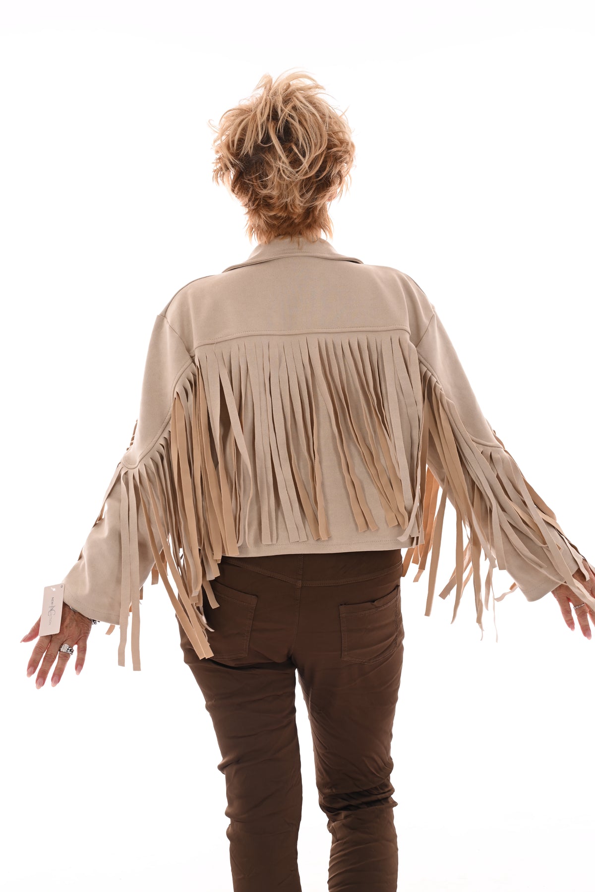 Korte suedinelook vestje franjes beige
