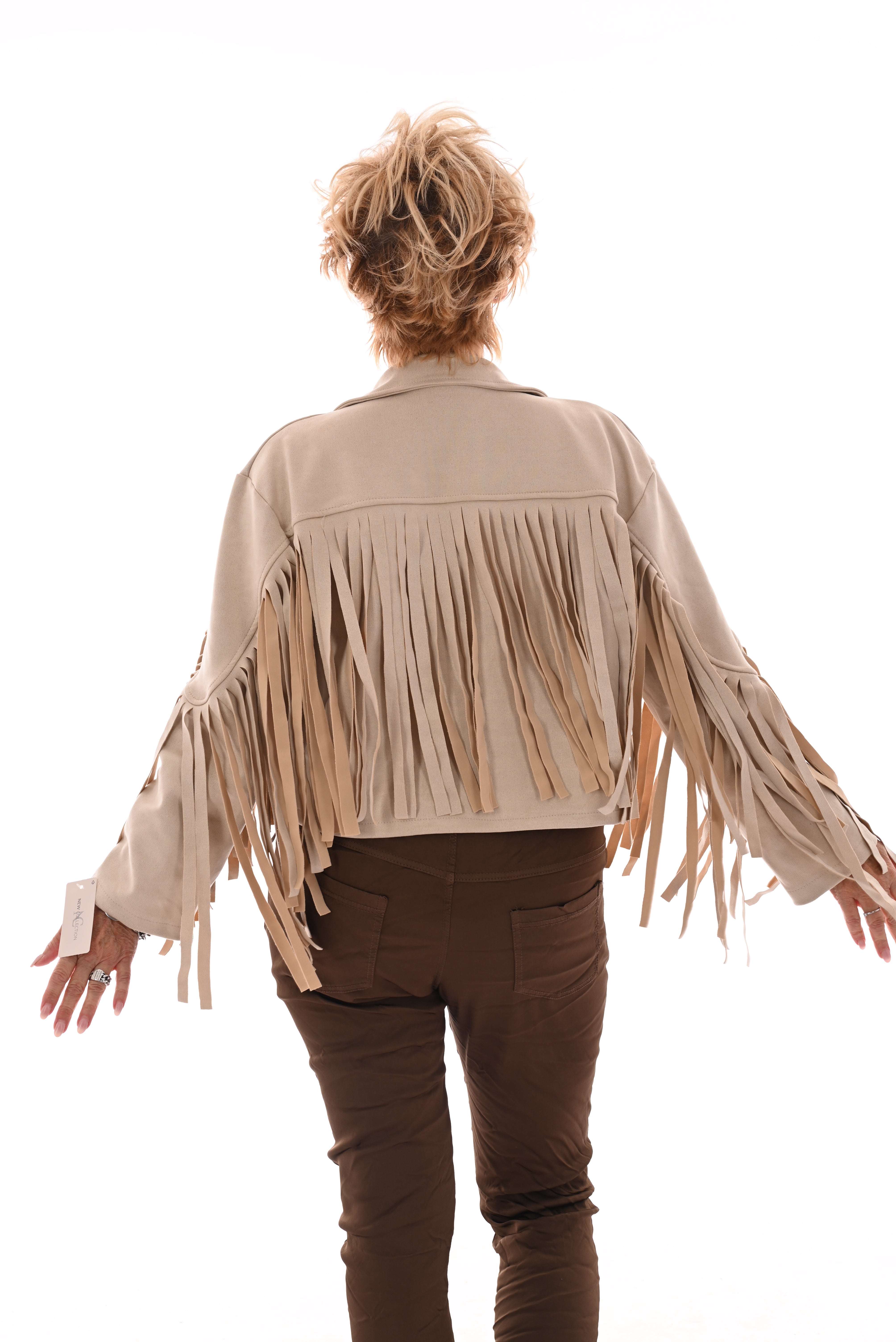 Korte suedinelook vestje franjes beige