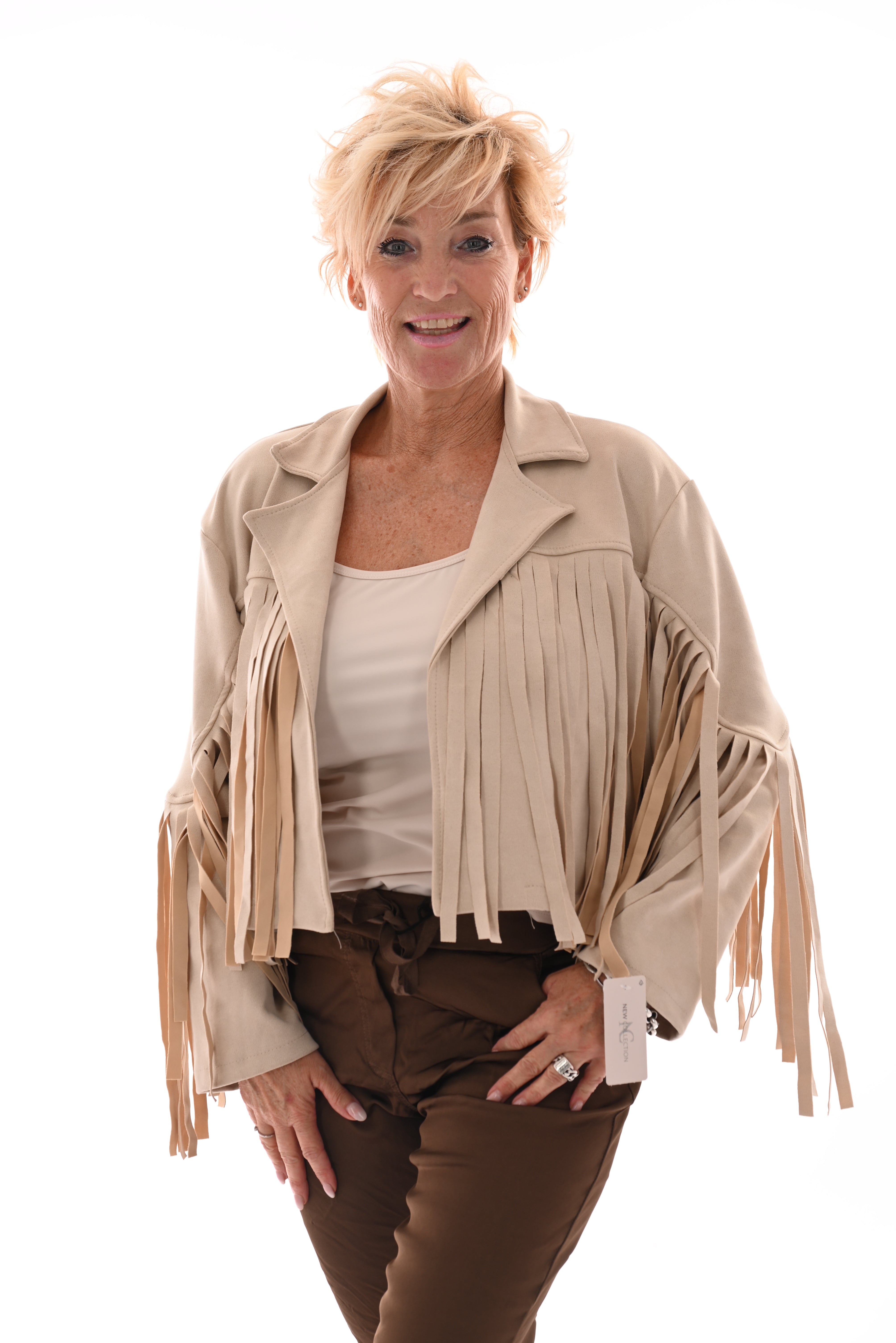 Korte suedinelook vestje franjes beige