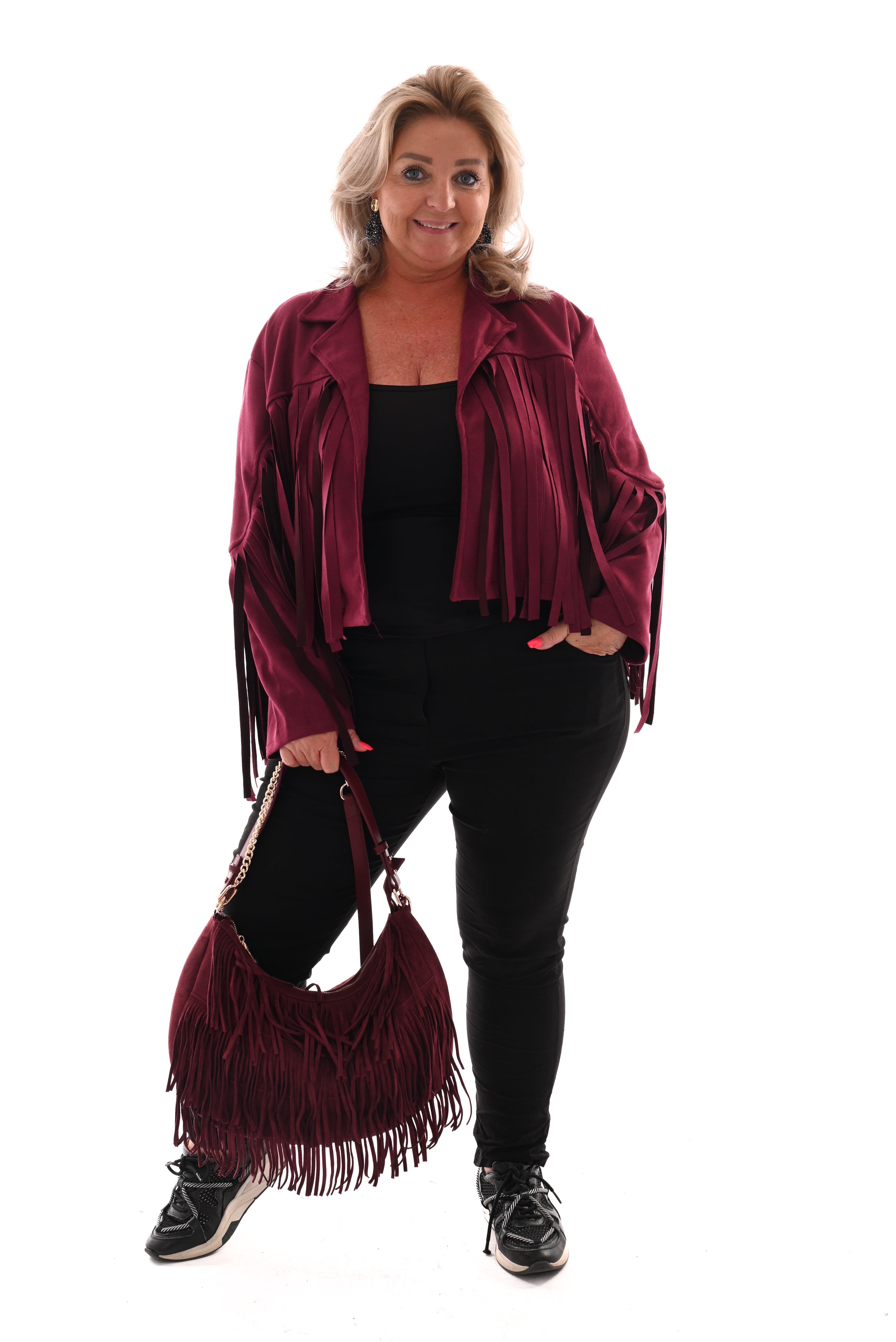 Korte suedinelook vestje franjes bordeaux