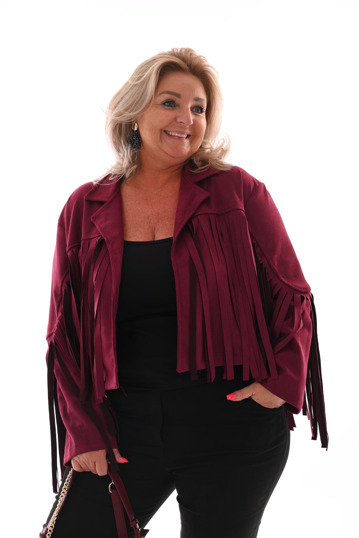 Korte suedinelook vestje franjes bordeaux