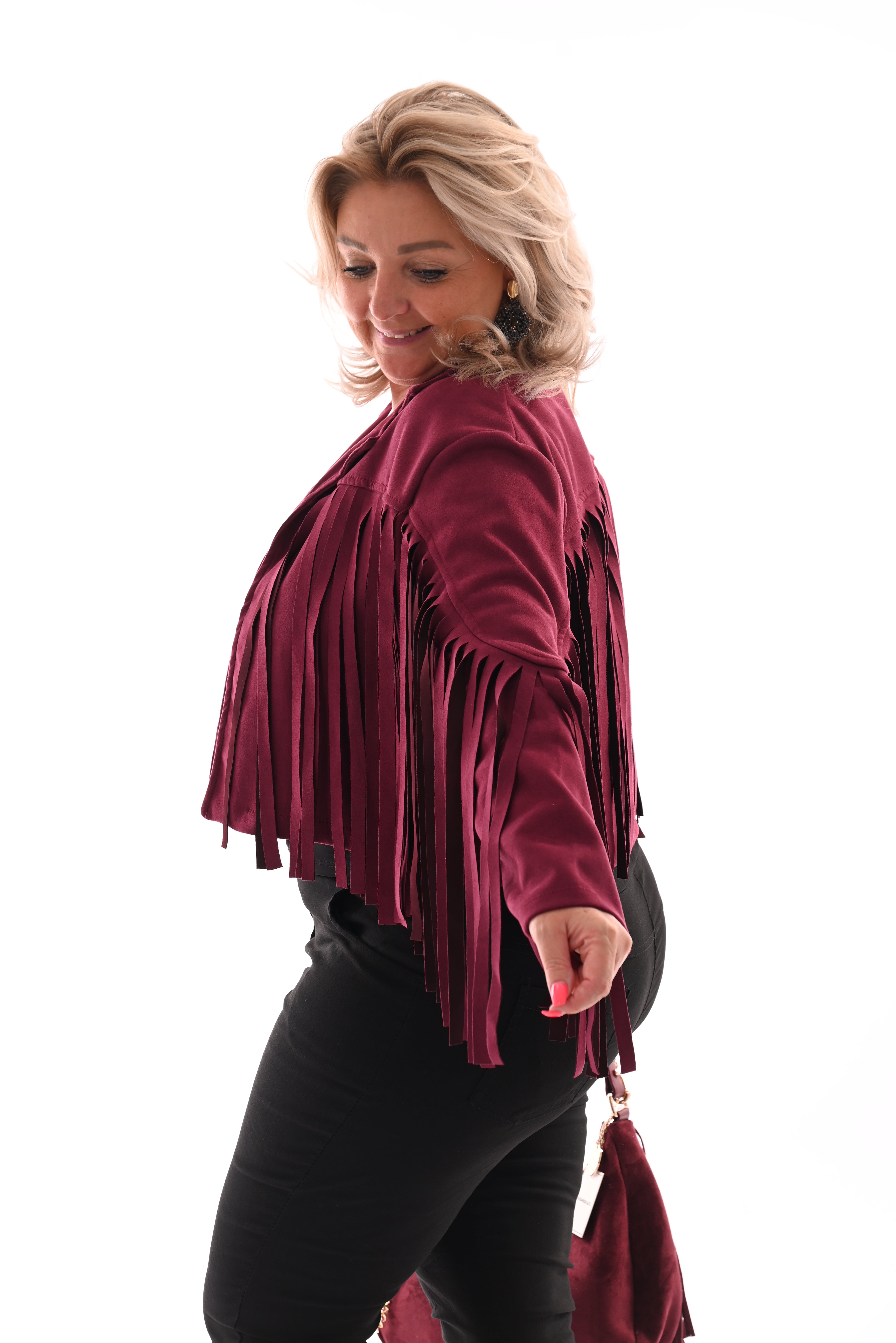 Korte suedinelook vestje franjes bordeaux