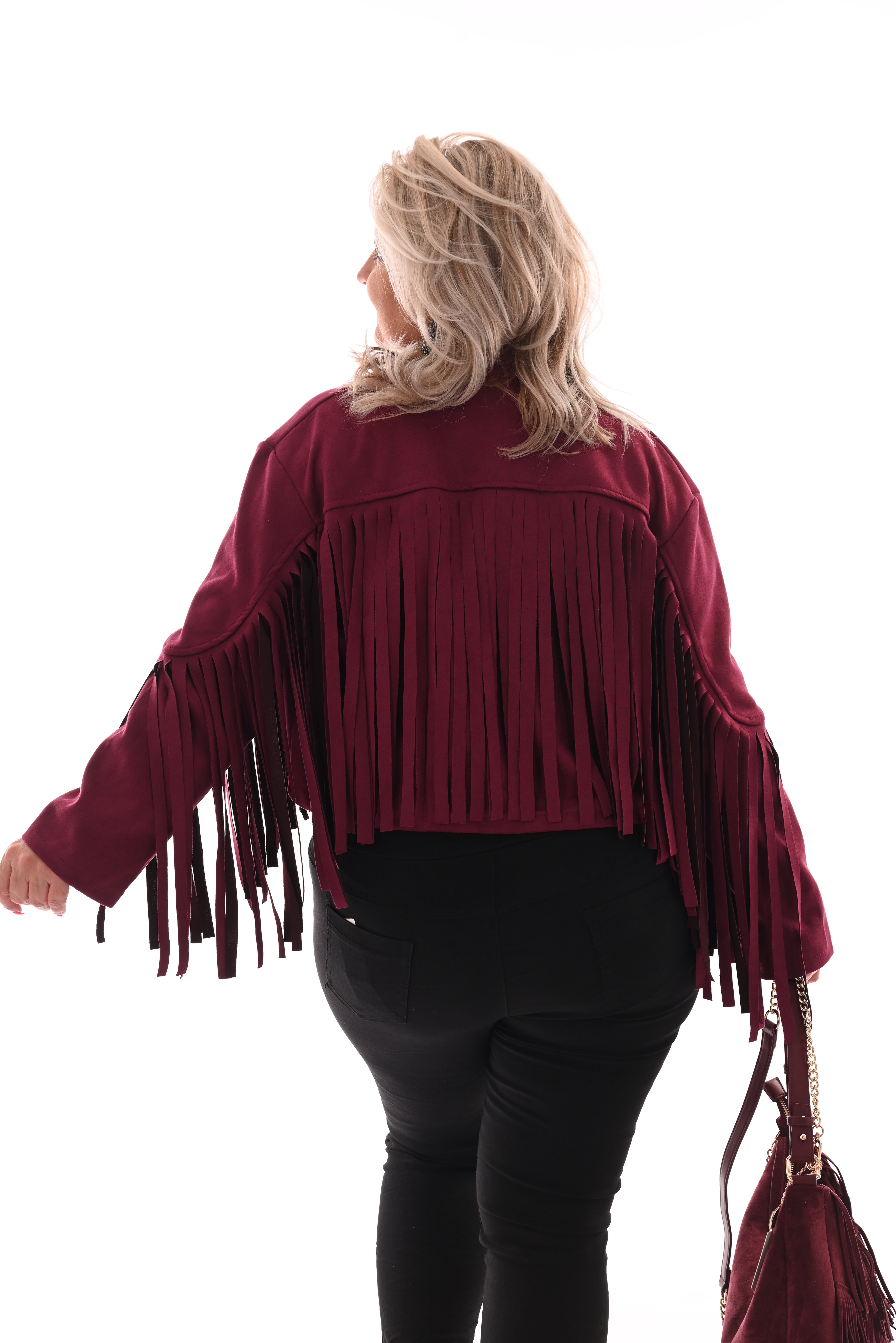 Korte suedinelook vestje franjes bordeaux