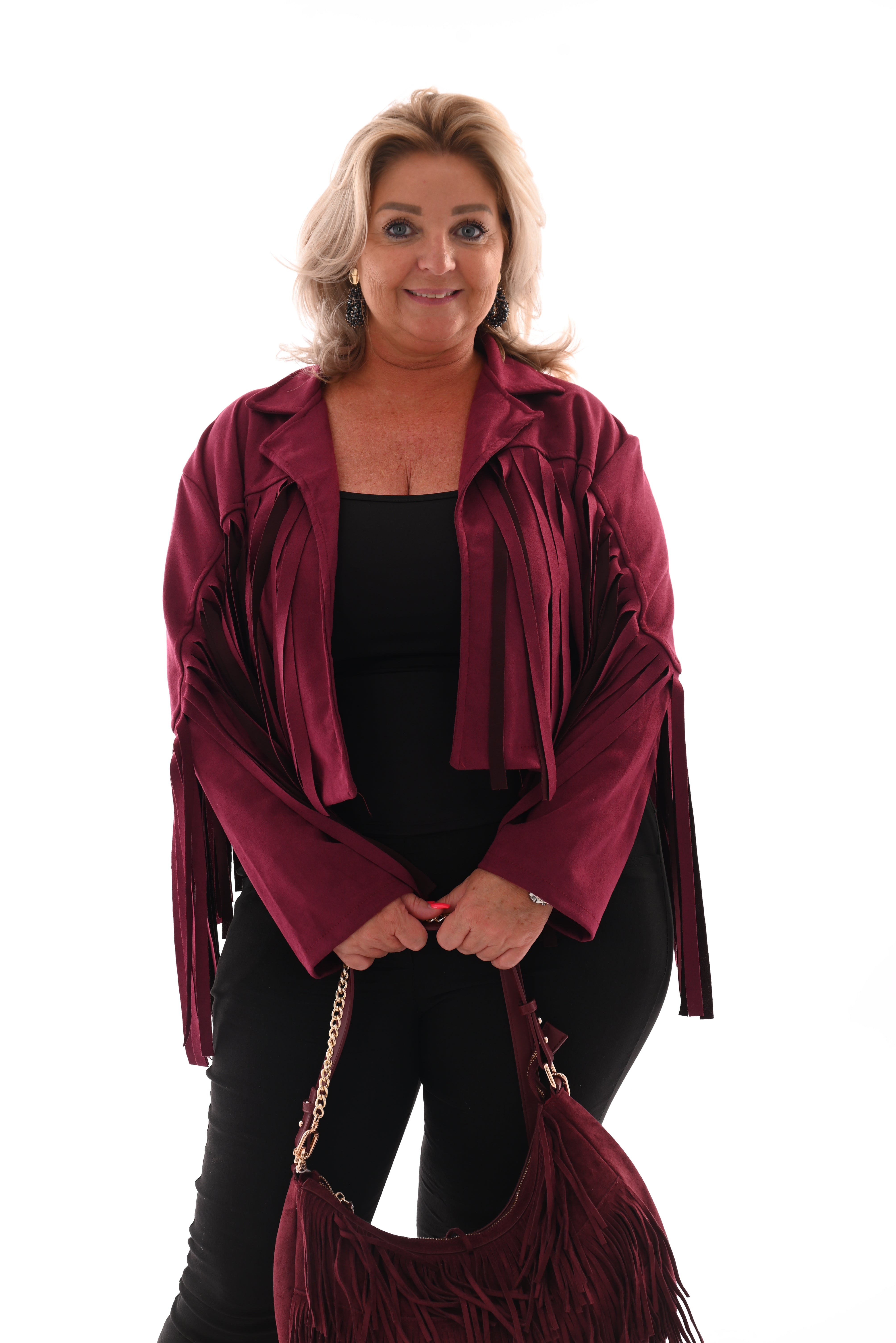 Korte suedinelook vestje franjes bordeaux