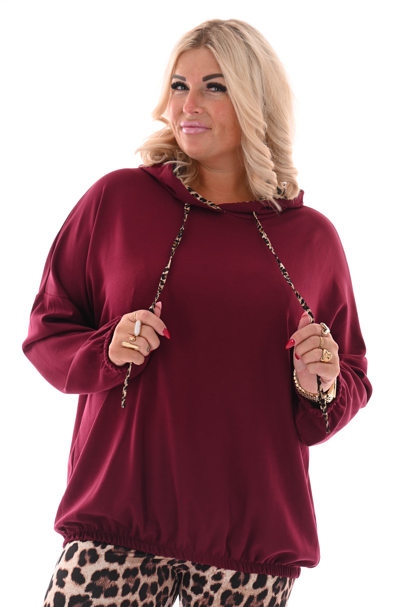 Sweater met capuchon panterprint randje bordeaux