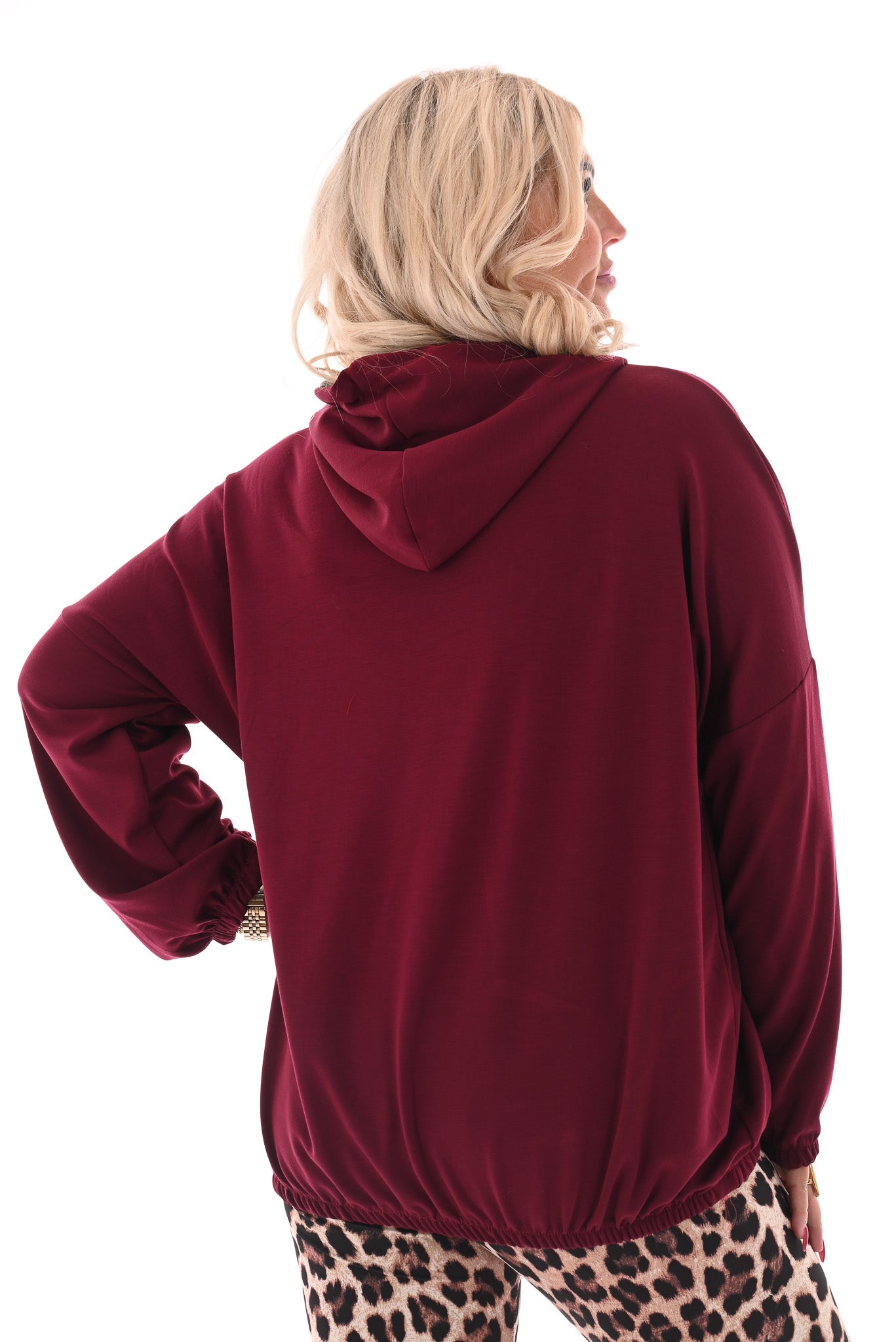 Sweater met capuchon panterprint randje bordeaux
