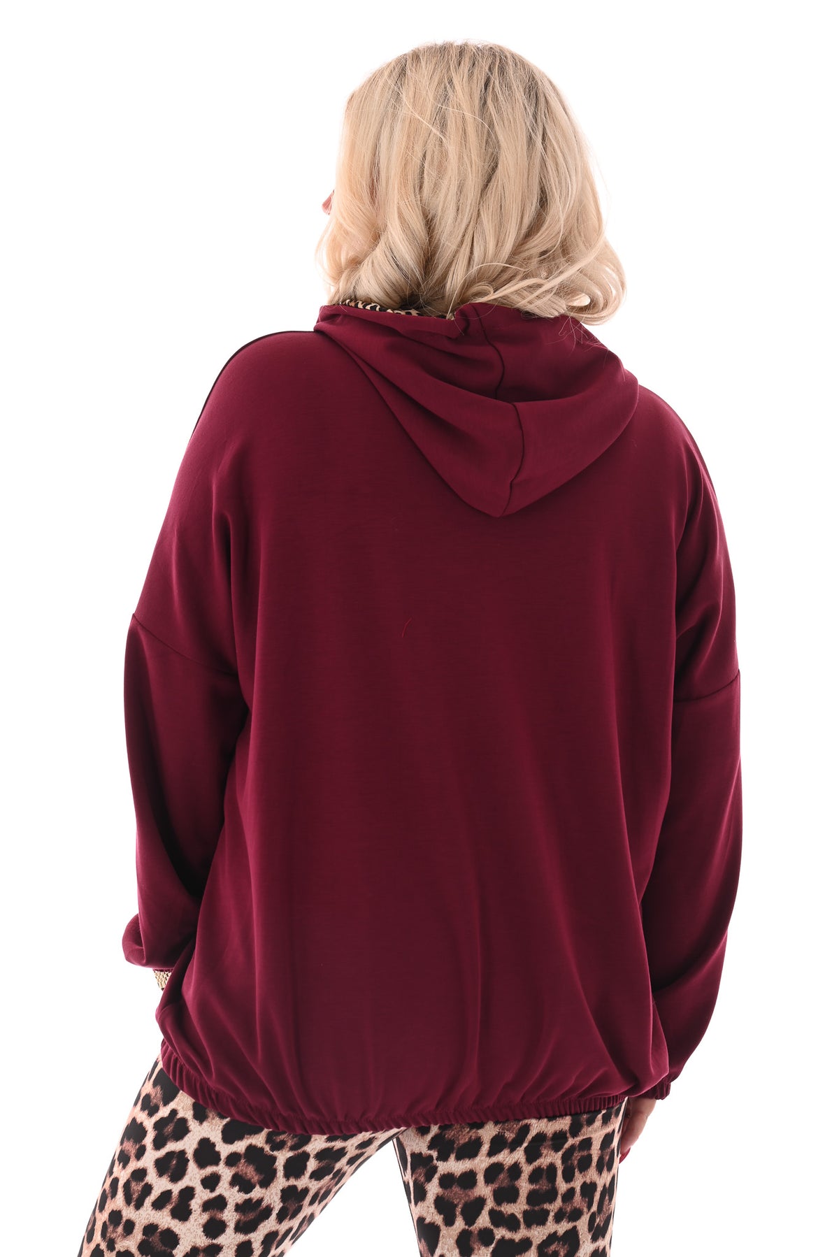Sweater met capuchon panterprint randje bordeaux