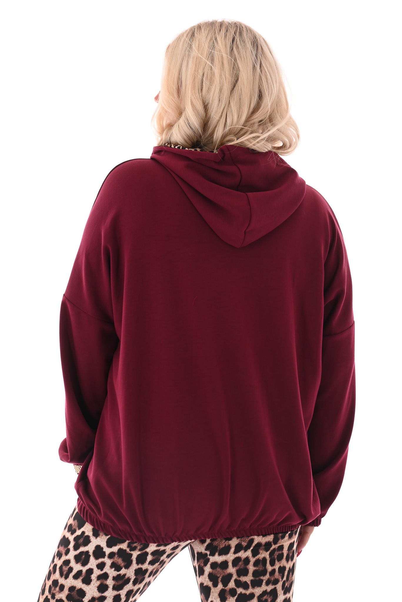 Sweater met capuchon panterprint randje bordeaux