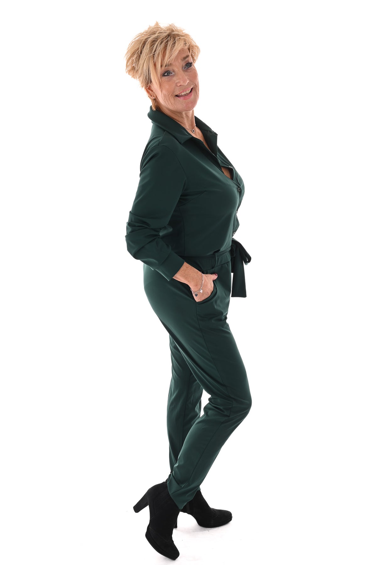 Travel jumpsuit met ceintuur flessengroen