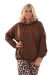 Sweater met capuchon panterprint randje bruin
