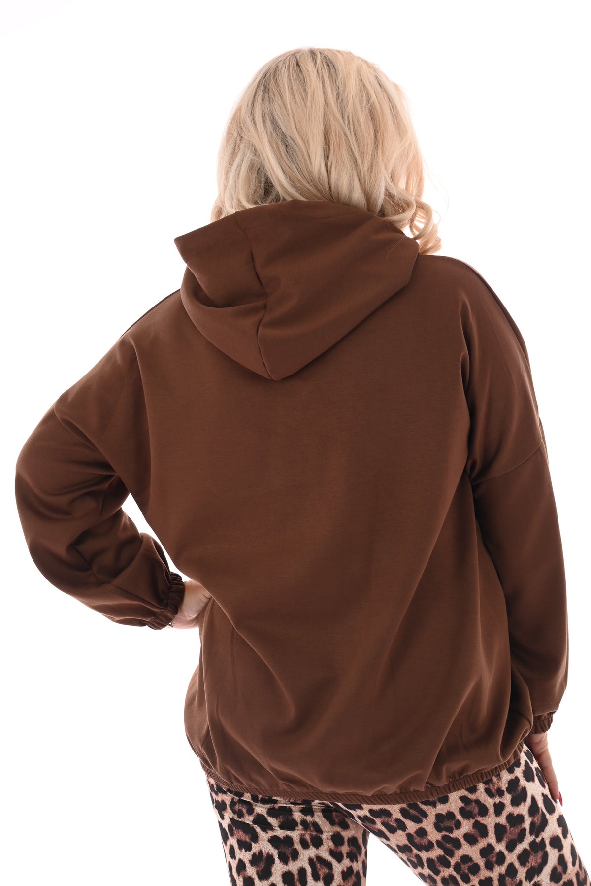 Sweater met capuchon panterprint randje bruin