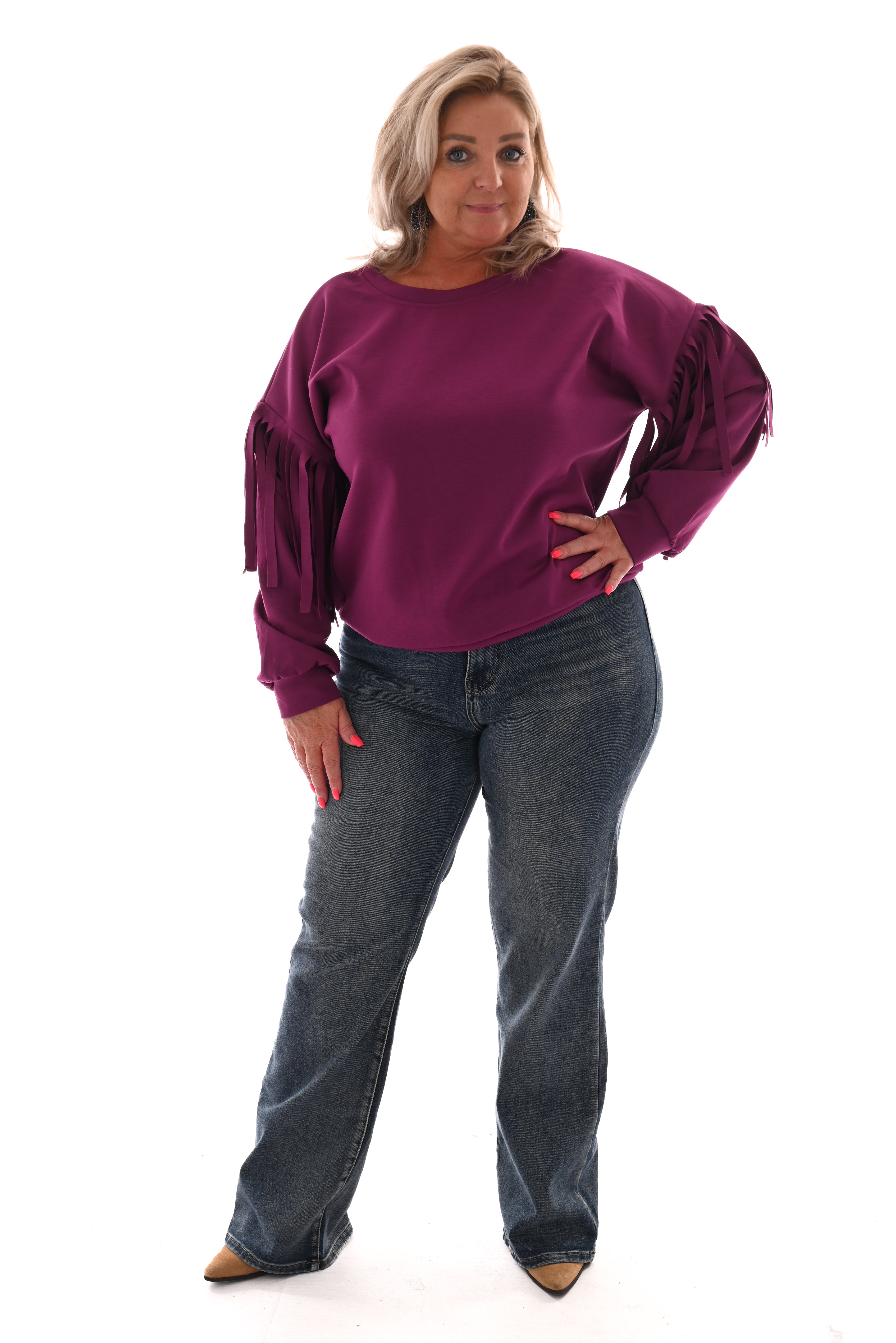 Sweater met franjes aan de mouwen cyclaam