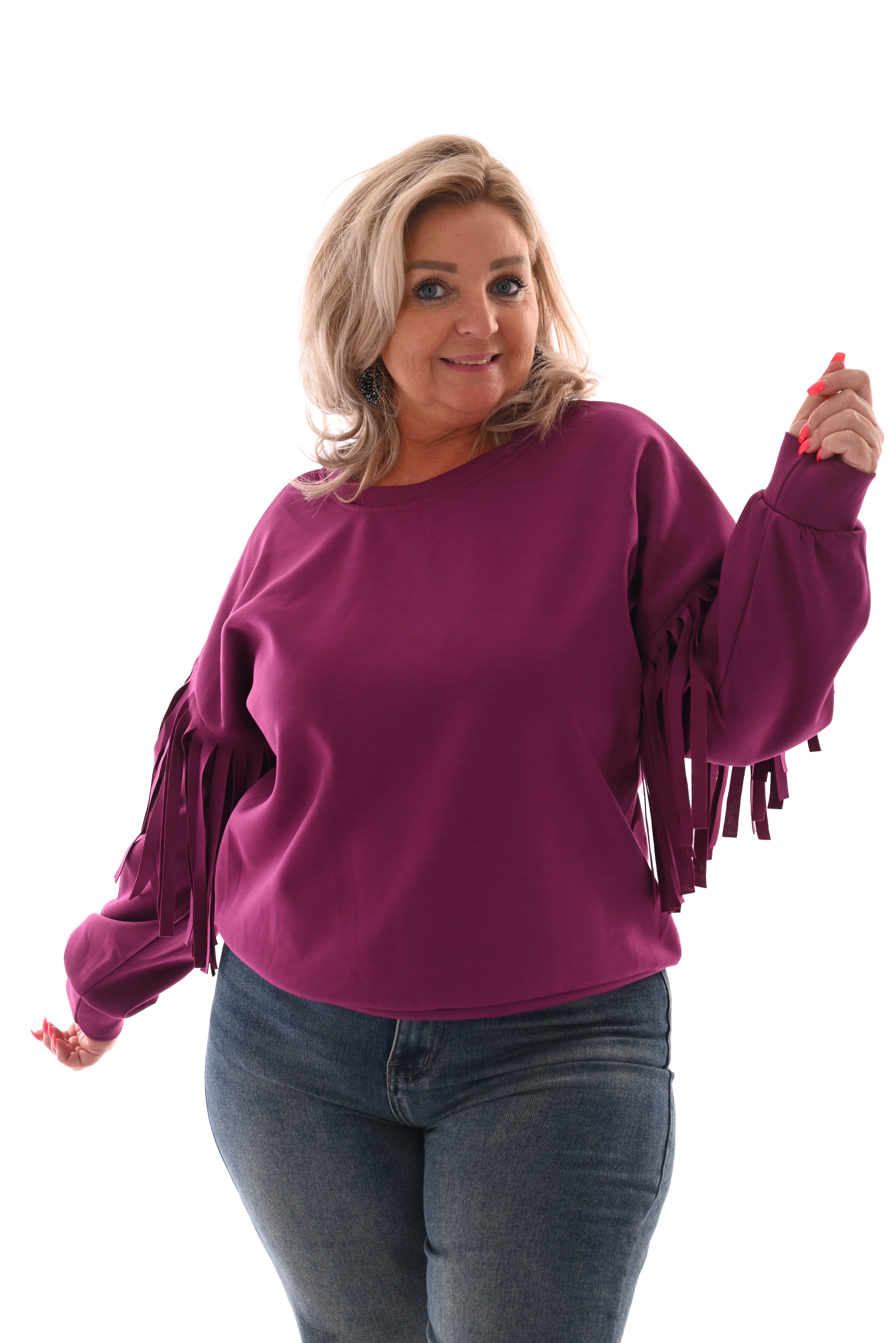 Sweater met franjes aan de mouwen cyclaam