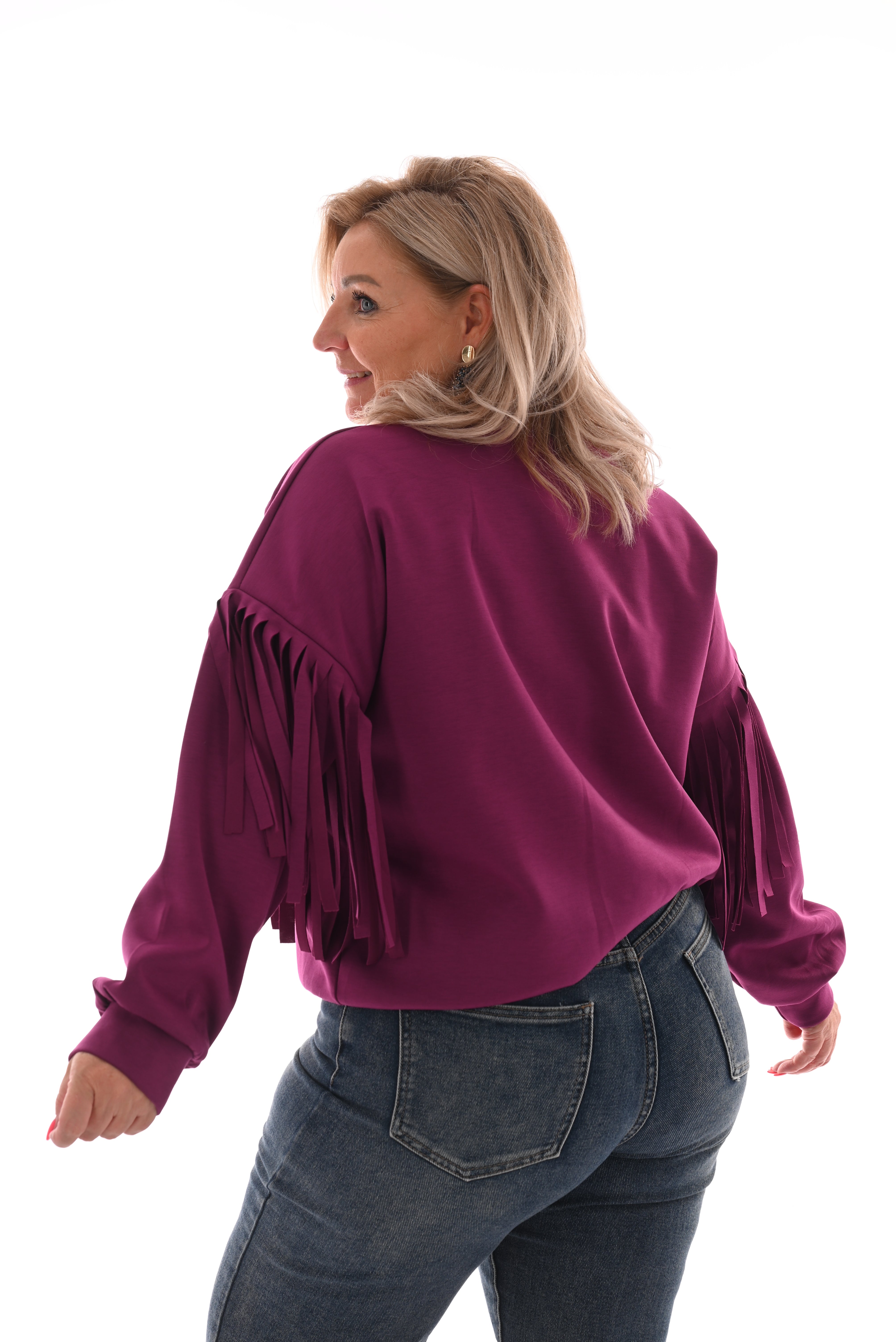 Sweater met franjes aan de mouwen cyclaam
